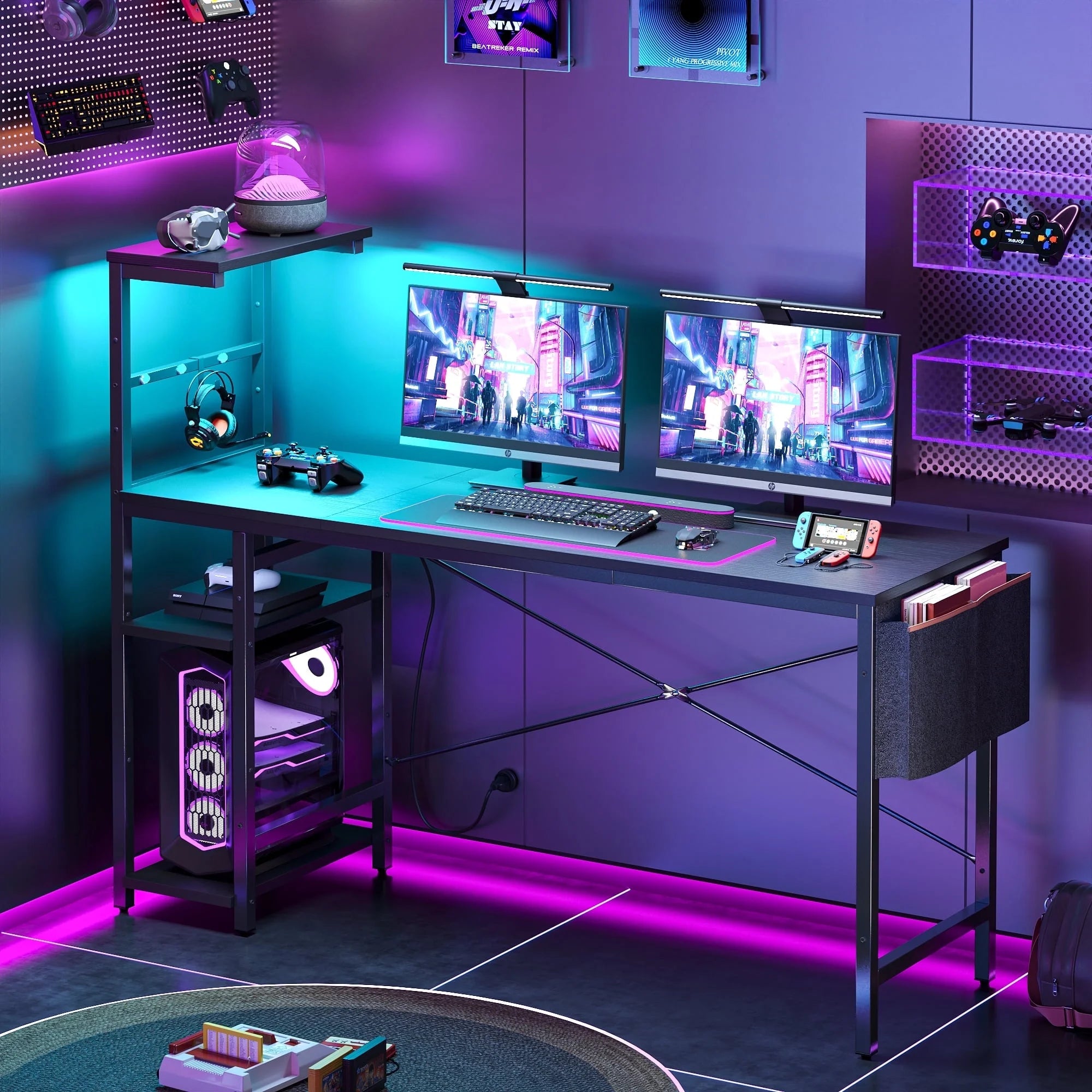 61" Reversible Gaming Desk Computer Desk with LED Lights 4 Tier Shelves Black