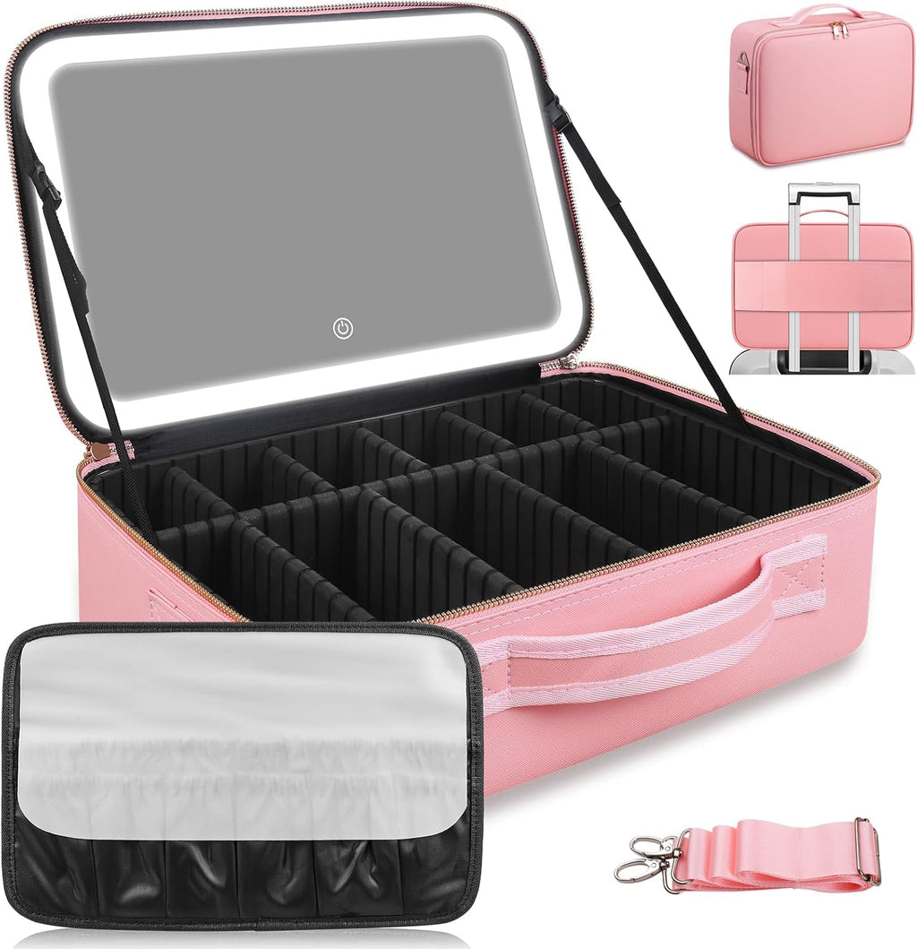 Large Capacity Makeup Bag with LED Mirror - Adjustable Brightness, Travel Organizer with Detachable Dividers & Shoulder Strap