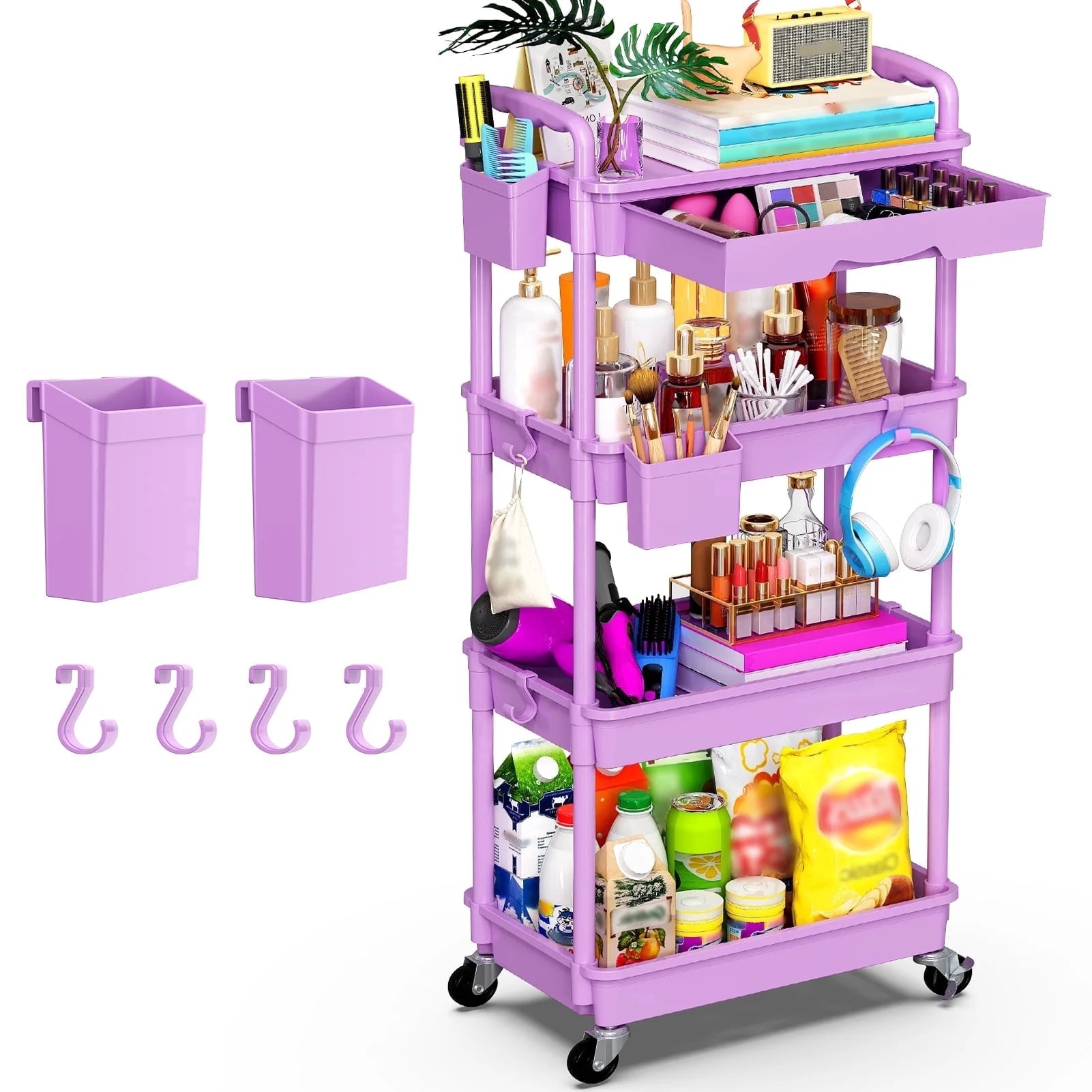 Yeabett 4 Tier Rolling Utility Cart Organizer with Removable Drawer, Mobile Storage Carts with 2 Lockable Wheels for Bathroom, Kitchen, Snack, Craft, Makeup, Baby Essentials, White