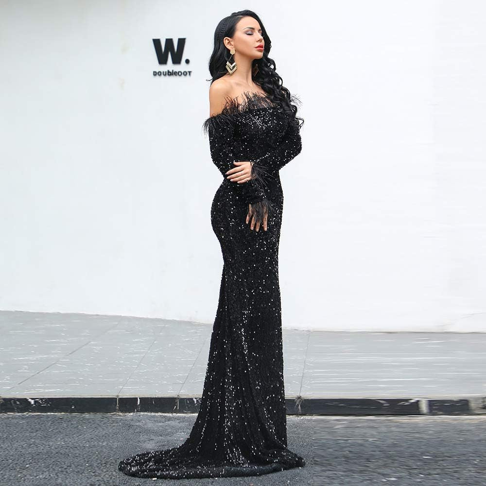 Miss Ord Sexy off Shoulder Feather Longsleeve Sequin Floor Length Evening Party Maxi Reflective Dress Vestidos