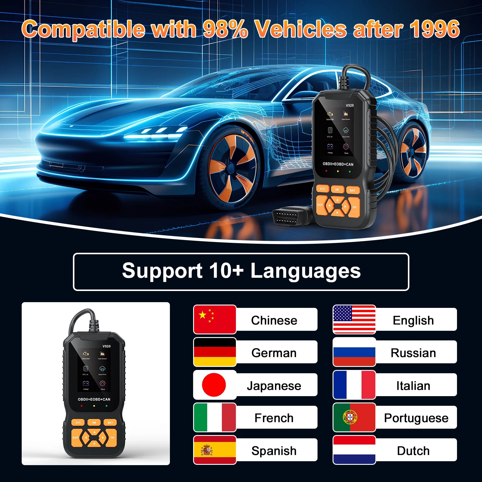HOMPOW V520 OBD2 Scanner Bluetooth Car Code Reader, Check Engine Light Diagnostic Tool for All Cars since 1996, Read & Clear Codes, Live Data, Battery Voltage Test, Plug & Play Auto Scanner