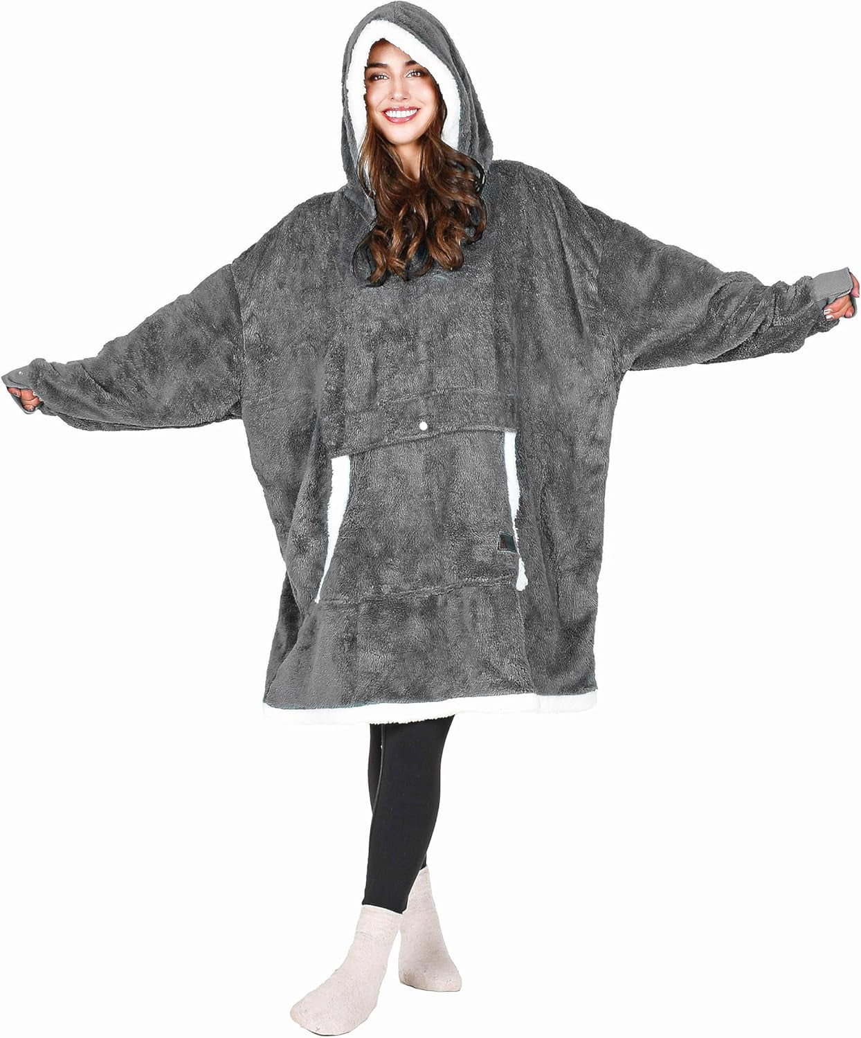 Cozy Up with Tirrinia Extra Long Oversized Sherpa Hoodie Blanket - Perfect Christmas Gift for Men, Women, and Teens in Grey!