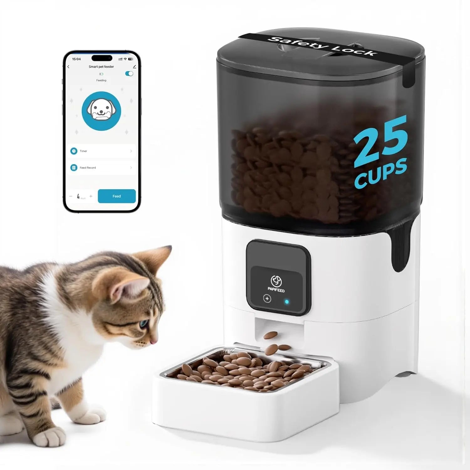5G WiFi Automatic Cat Feeder: Smart Pet Food Dispenser with Slow Feeding Mode, Detachable Design for Easy Cleaning, Compatible with Alexa, Adjustable for 1-30 Meals per Day (6L/25 Cup Capacity)