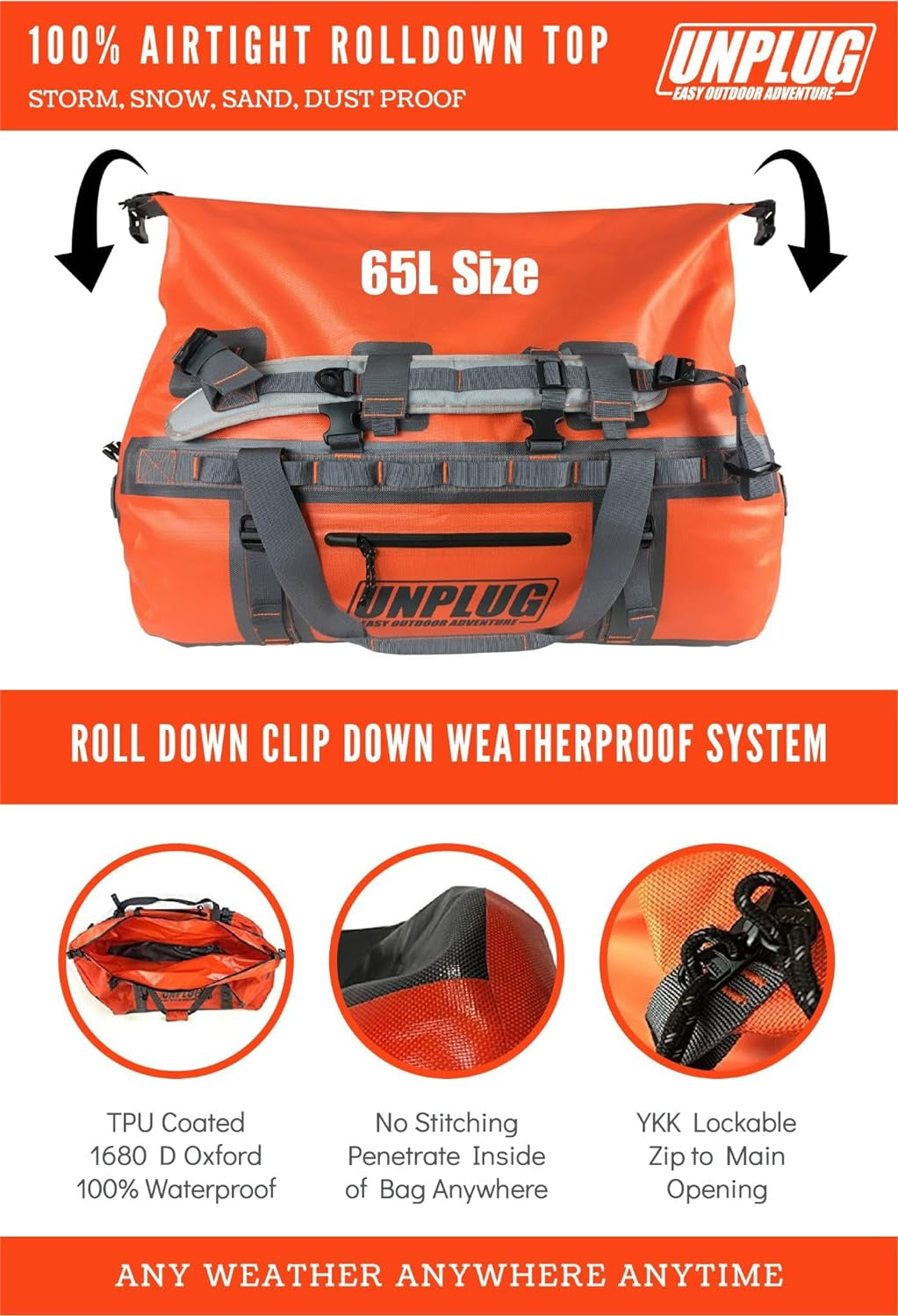 UNPLUG Ultimate Adventure | 1680D Heavy Duty Waterproof Bag | Large Travel Bag Which Can Be Used for Camping, Motorcycling, Boating, or Hunting| 65L Adventure Orange