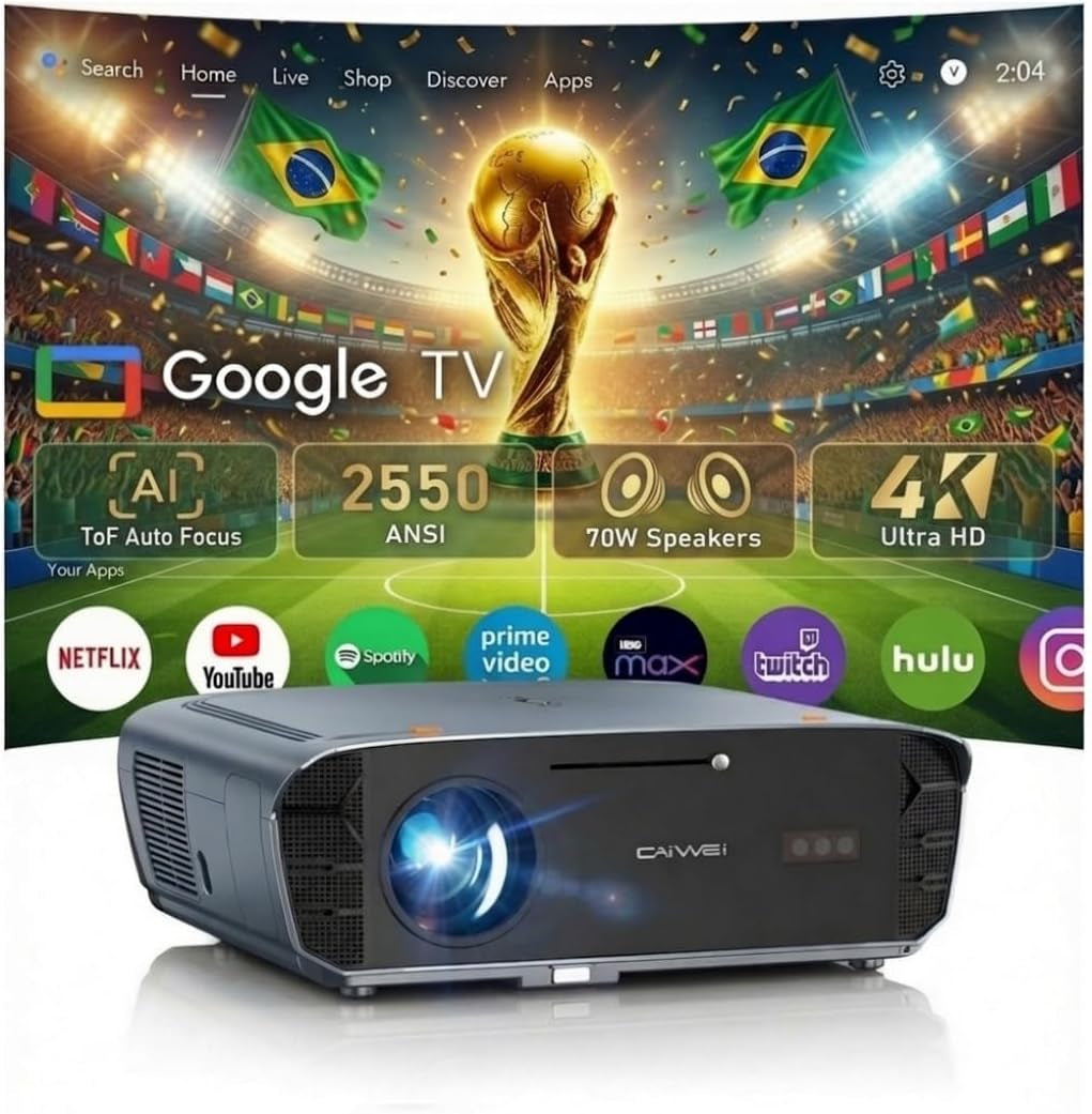 2550 ANSI Daytime Projector, 4K Smart Google TV Projector with Dual 35W Speakers Dolby Audio, Shorter Throw, Tof Autofocus, HDMI ARC, NFC Wifi 6 & Bluetooth 5.4 for Home/Outdoor Movie Nights, Gaming