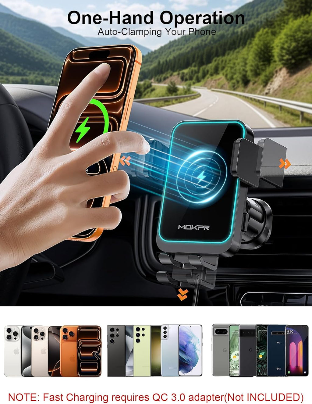 MOKPR Wireless Car Charger, Auto Clamping Car Charger Dash Windshield Air Vent Phone Holder Compatible with Iphone 17 16 15 14/13/13 Pro/12 Pro/12/11/X/8, Samsung S24/S23/S22