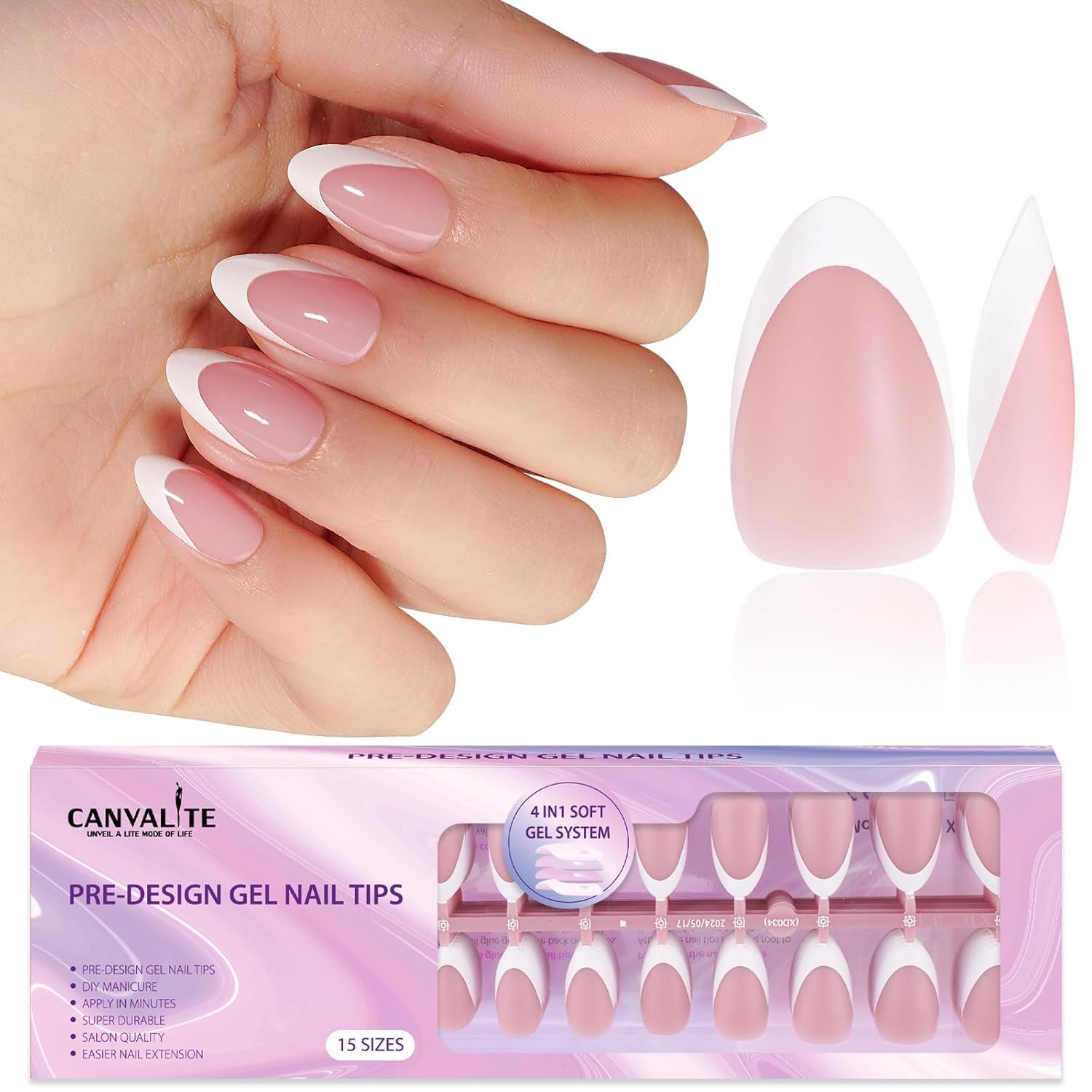 Canvalite 300Pcs French Tip Press on Nails - Pre-Colored Almond Fake Nails with Designs for Quick & Easy DIY Nail Extensions - Perfect Valentines Day Gift in Pink & White