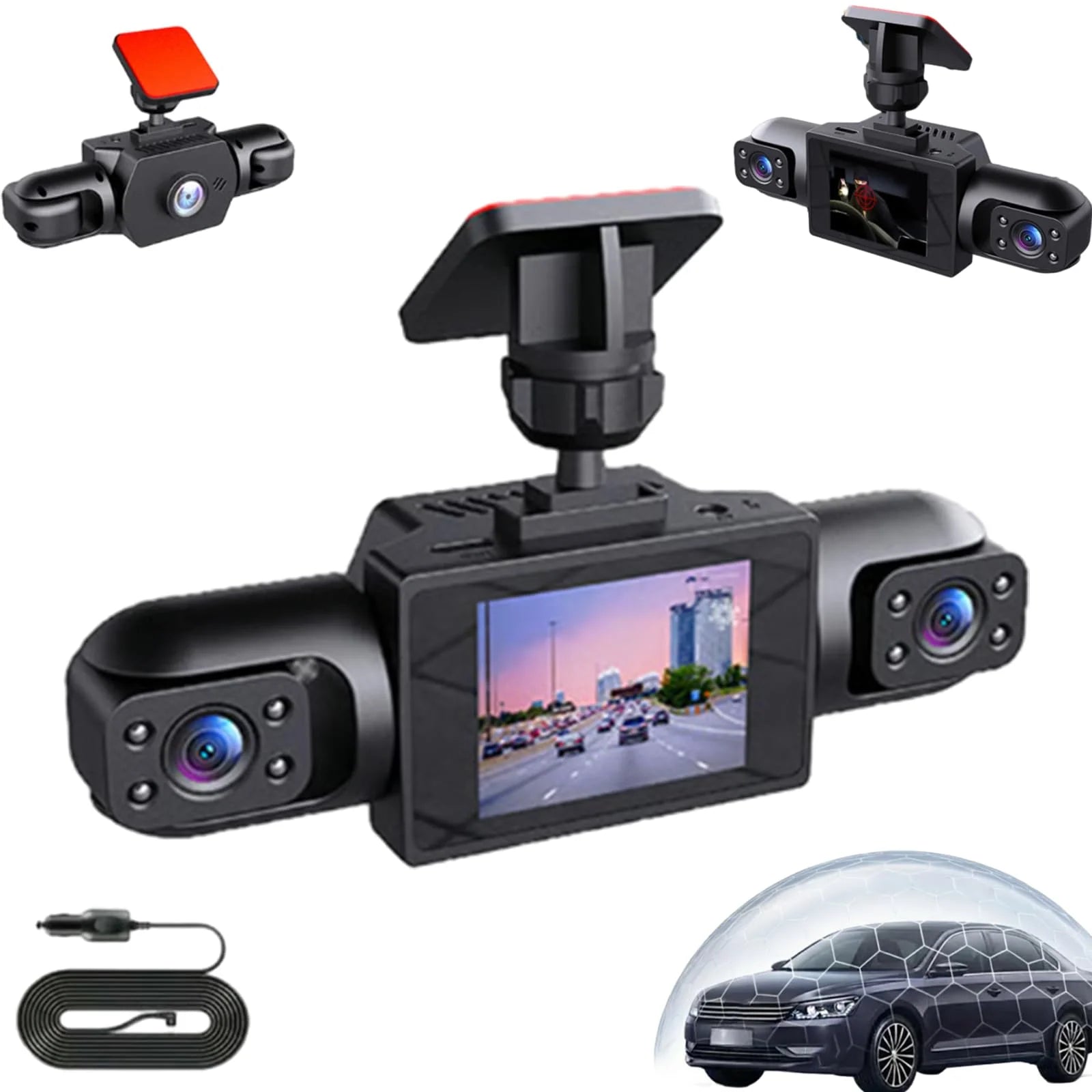 Full View Car Dashcam System, 360 Degree Car Dash Cam Wireless, 1080P 4-Lens Panoramic Driving Recorder, Wifi Camaras Para Vehiculos with Interior Infrared Light, for Cars (Three Sides)