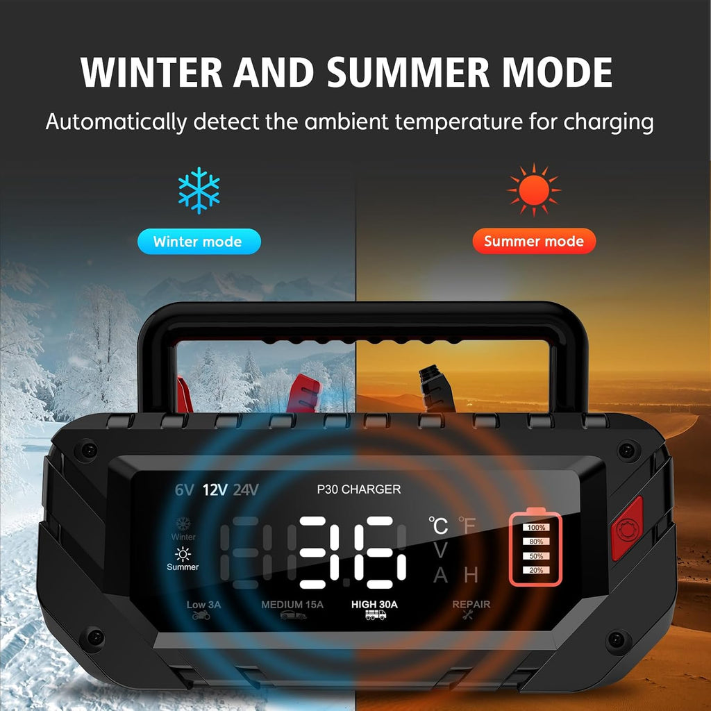 30 Amp Lithium Battery Charger,6V10A/12V30A/24V16A Lifepo4,Lead-Acid(Agm/Gel/Sla..) Smart Car Battery Charger,Battery Maintainer,Trickle Charger, and Battery Desulfator for Car,Boat,Motorcycle