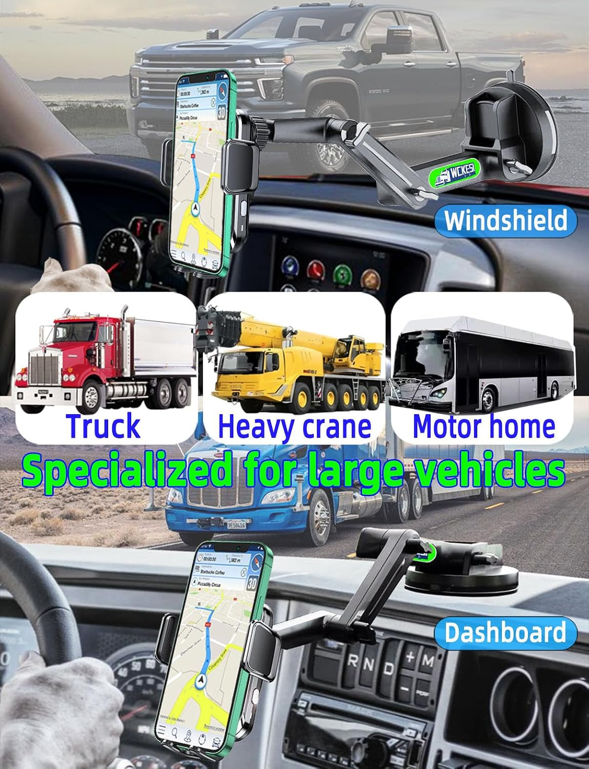 Truck Phone Holder Wireless Car Charger Mount, 15W Fast Charging Vacuum Phone Holder 14 Inch Long Arm Heavy Duty Pickup Windshield and Dashboard, Trucks Accessories for Iphone Samsung LG