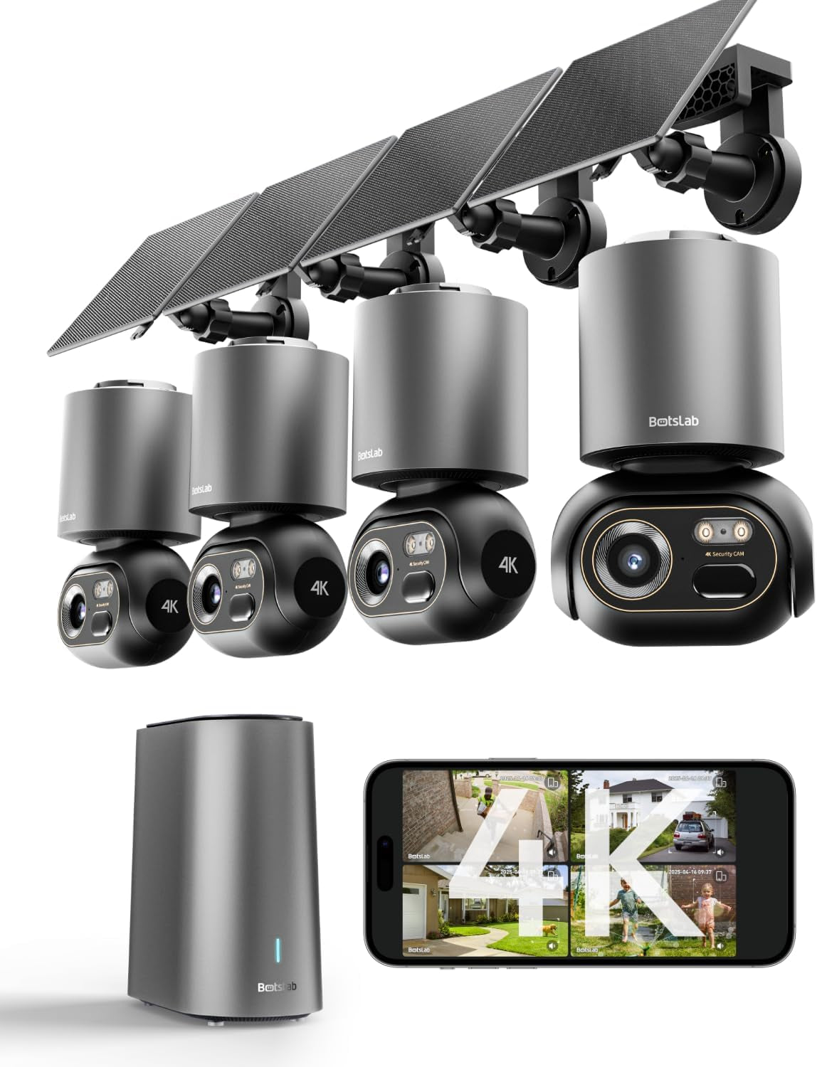 BOTSLAB Security Cameras Wireless Outdoor, 2 Cam-Kit, 4K Color Night Vision, Solar Cameras for Home Security with 360° Pt,No Monthly Fee,32Gb Local Storage Base Station,Auto Tracking,Easy Installation
