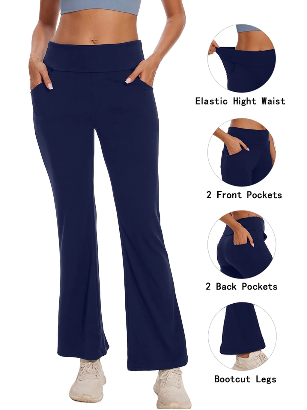 Pantalones De Yoga Bootcut Para Mujer Con Bolsillos, Leggings Acampanados Para Entrenamiento, Cintura Alta, Livianos, Ropa Deportiva, Azul Marino, 3XL