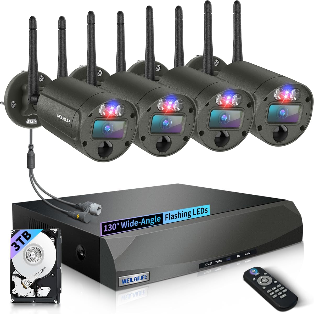 【90 Days Storage & 130° Wide Angle】 Wireless Security Camera System, Wireless Cameras for Home Security, Outdoor Wifi Video Surveillance DVR Kits