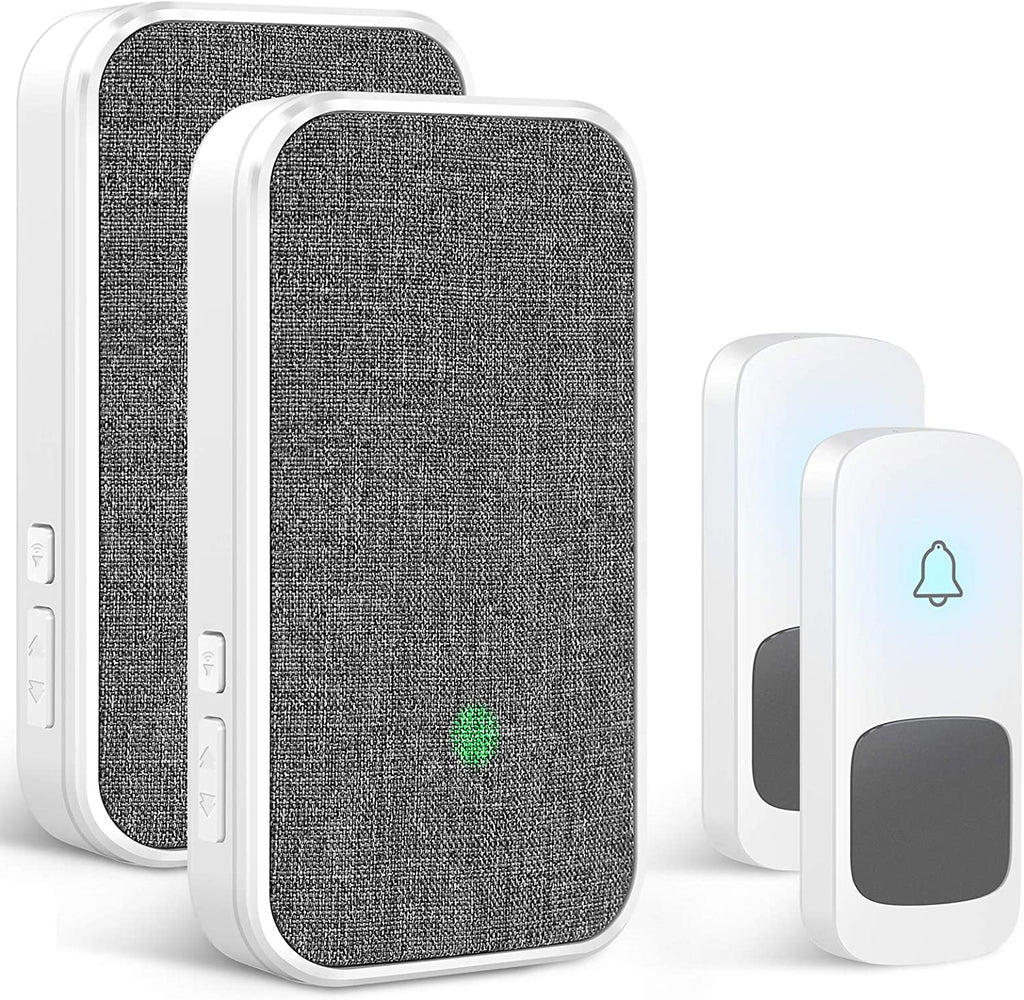 Wireless Doorbell, Remote Door Bell Ringer Wireless Long Range 1300FT with Fabric Finish, Coolqiya Portable Wireless Door Bells with 2Pcs Plug-In Doorbell Chime and 2Pcs Waterproof Ringer Button