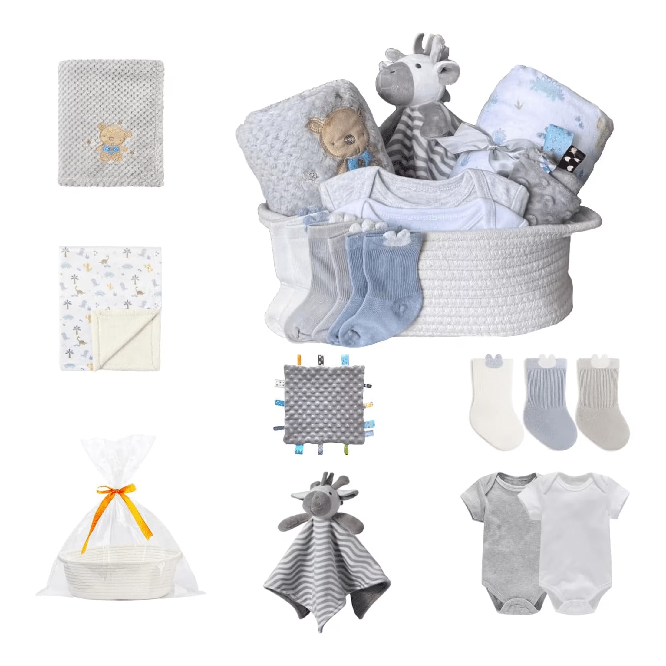 CREVENT Set for Girls -Diaper Caddy Organizer Basket with 2 Blankets, 1 Taggie, 1 Lovey, 3 Socks，1 Headband，1 Gift Bag with Ribbon - Newborn Essential Gift Set (Pink)
