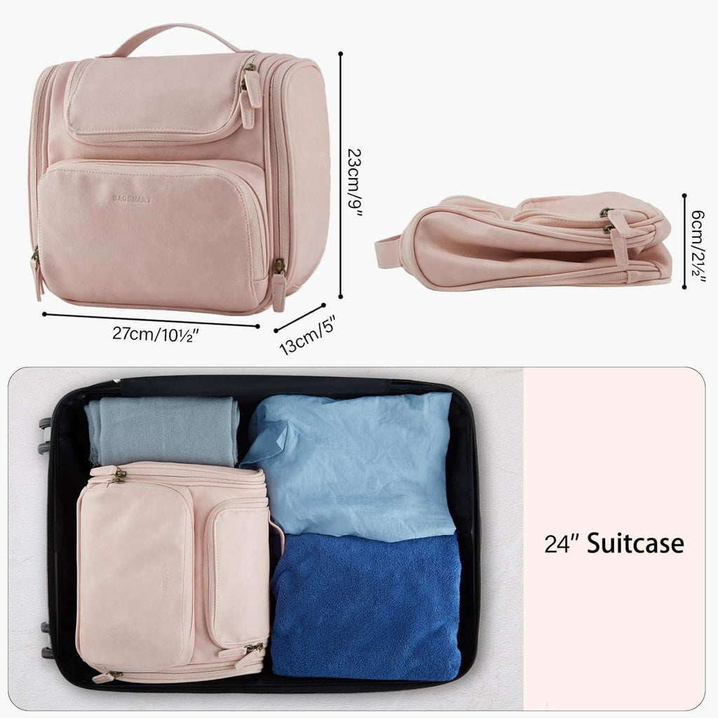 BAGSMART Hanging Toiletry Bag, Water-Resistant Leather Dopp Kit, Large Travel Organizer for Full Sized Container, Nude Pink