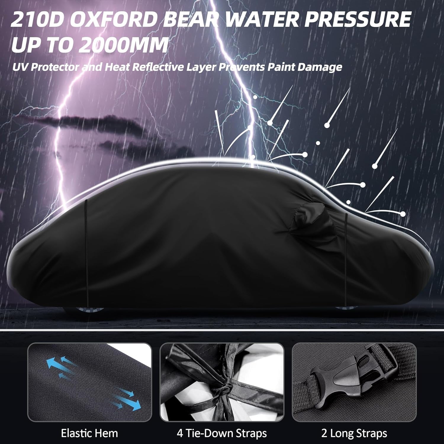 Premium Waterproof Car Cover for 1960-1980 Beetle Bug Sedan - All Weather Protection with Zipper & Windproof Bands - Black