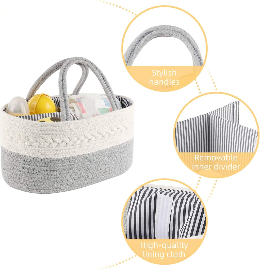Baby Diaper Caddy Organizer, Portable Diaper Caddy Basket for Baby Boys and Girls, Cotton Rope Diaper Basket Organizer - Baby Basket with Compartments (Grey)