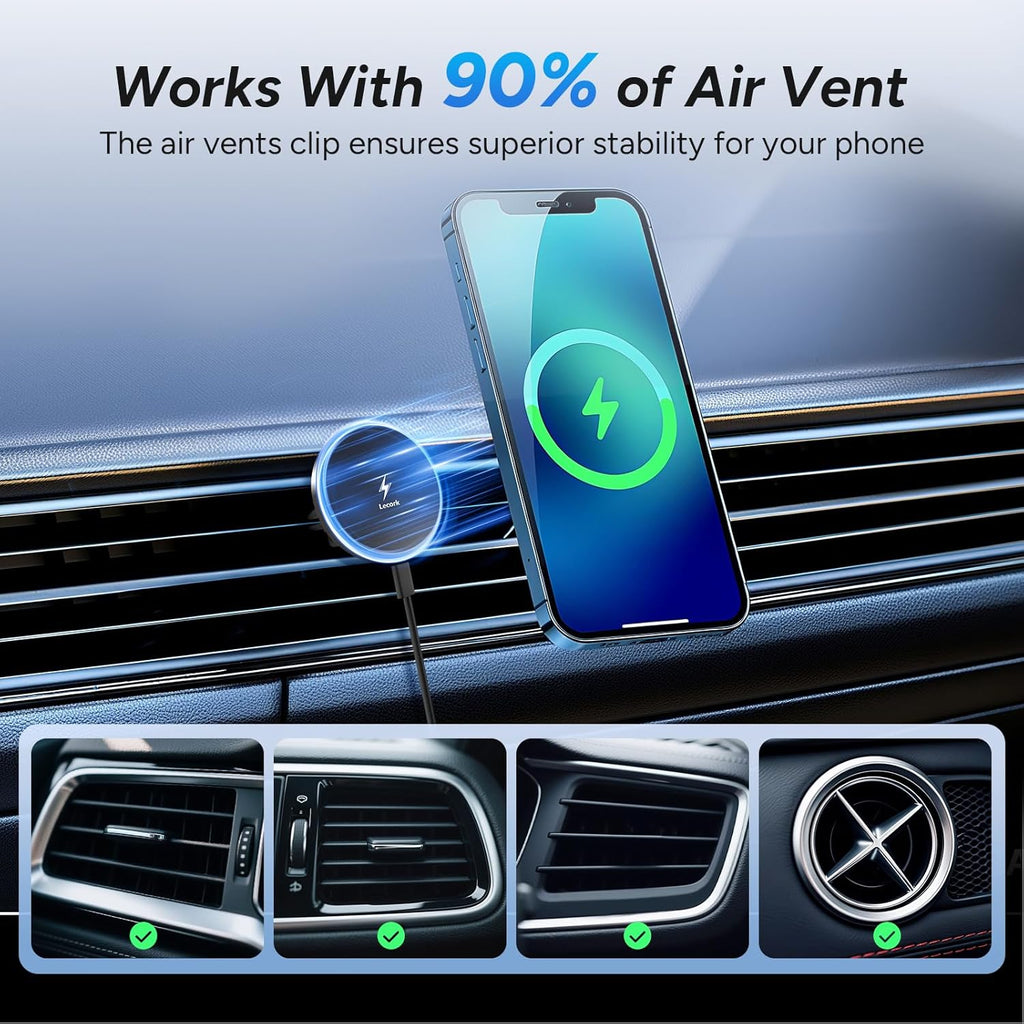 Lecork for Magsafe Car Mount Charger, 15W Air Vent Magnetic Wireles Car Mount Charger for Iphone 16 Pro Max Accessories, Car Phone Holder for Iphone 16 15 14 13 12, Zinc Alloy (Black-Grey)