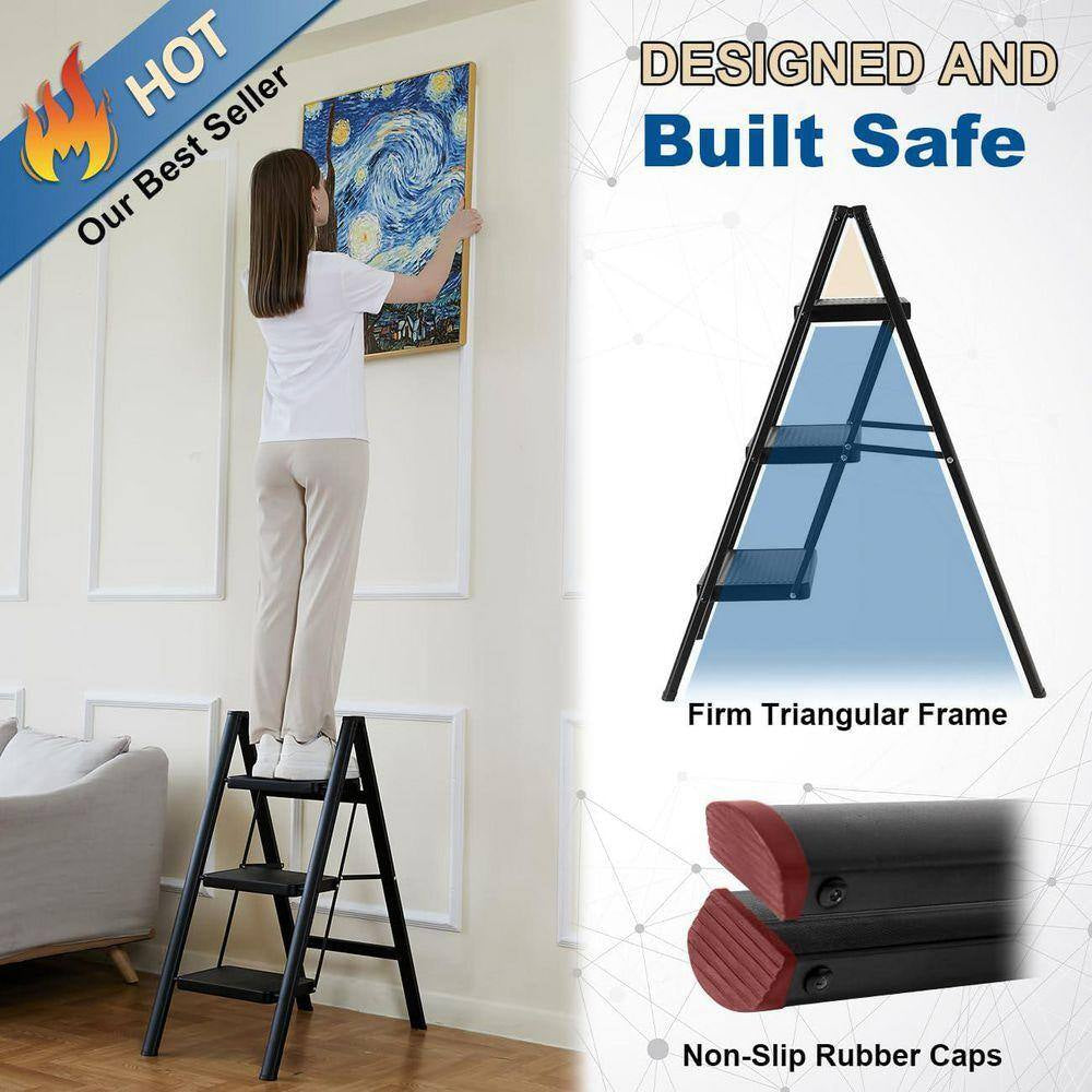 Double Elite Reach 35 In. H 3 Ft. Step Folding Laddersturdy 330 Lbs. Capacity Full Steel Anti-Slip Pedals Compact Design