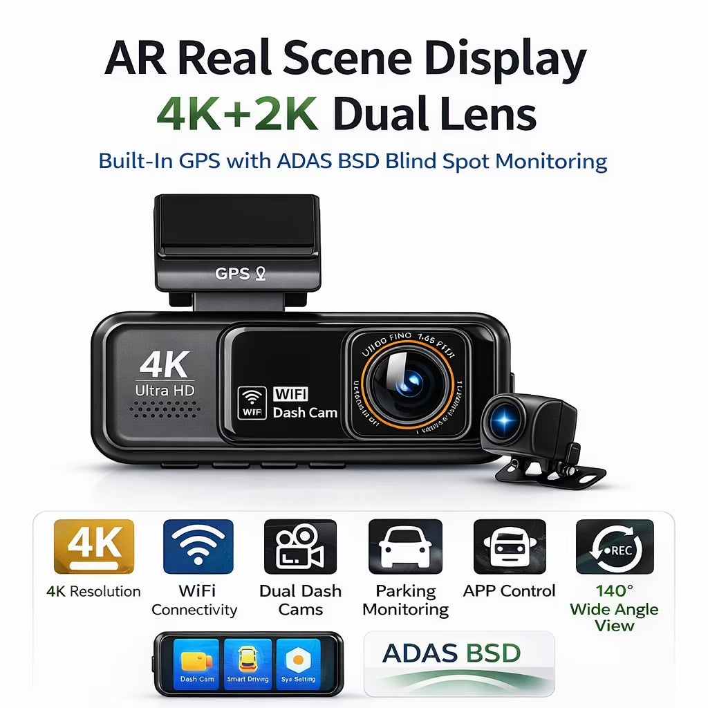 4K Dash Cam Front & 2K Rear, Wifi GPS, Night Vision, Parking Mode, Loop Recording, Memory Card Included