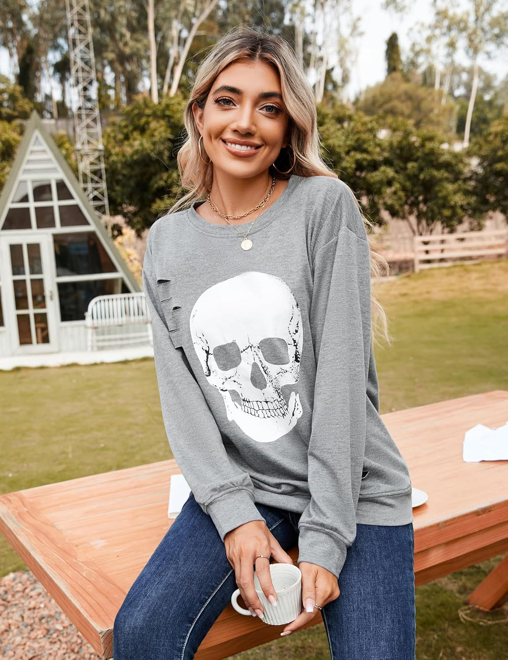 Blooming Jelly Women'S Halloween Sweatshirts Skull Graphic T Shirts Long Sleeve Pullover Tops Gothic Fall Clothes 2025