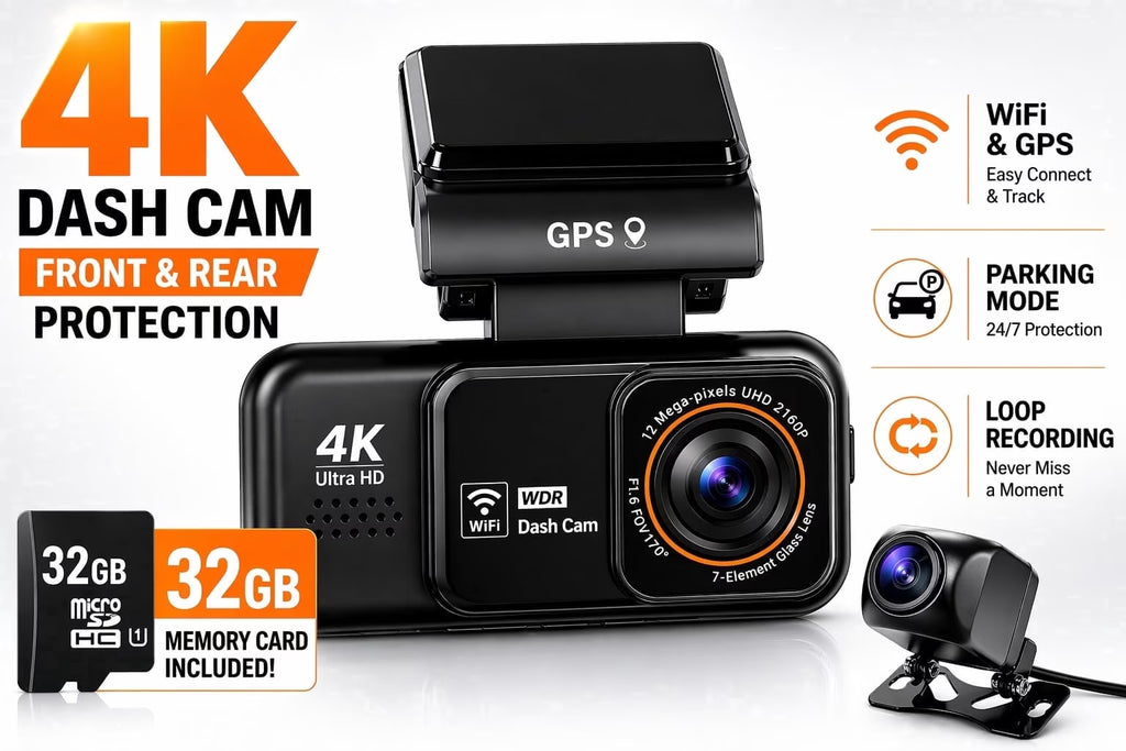 4K Dash Cam Front & 2K Rear, Wifi GPS, Night Vision, Parking Mode, Loop Recording, Memory Card Included