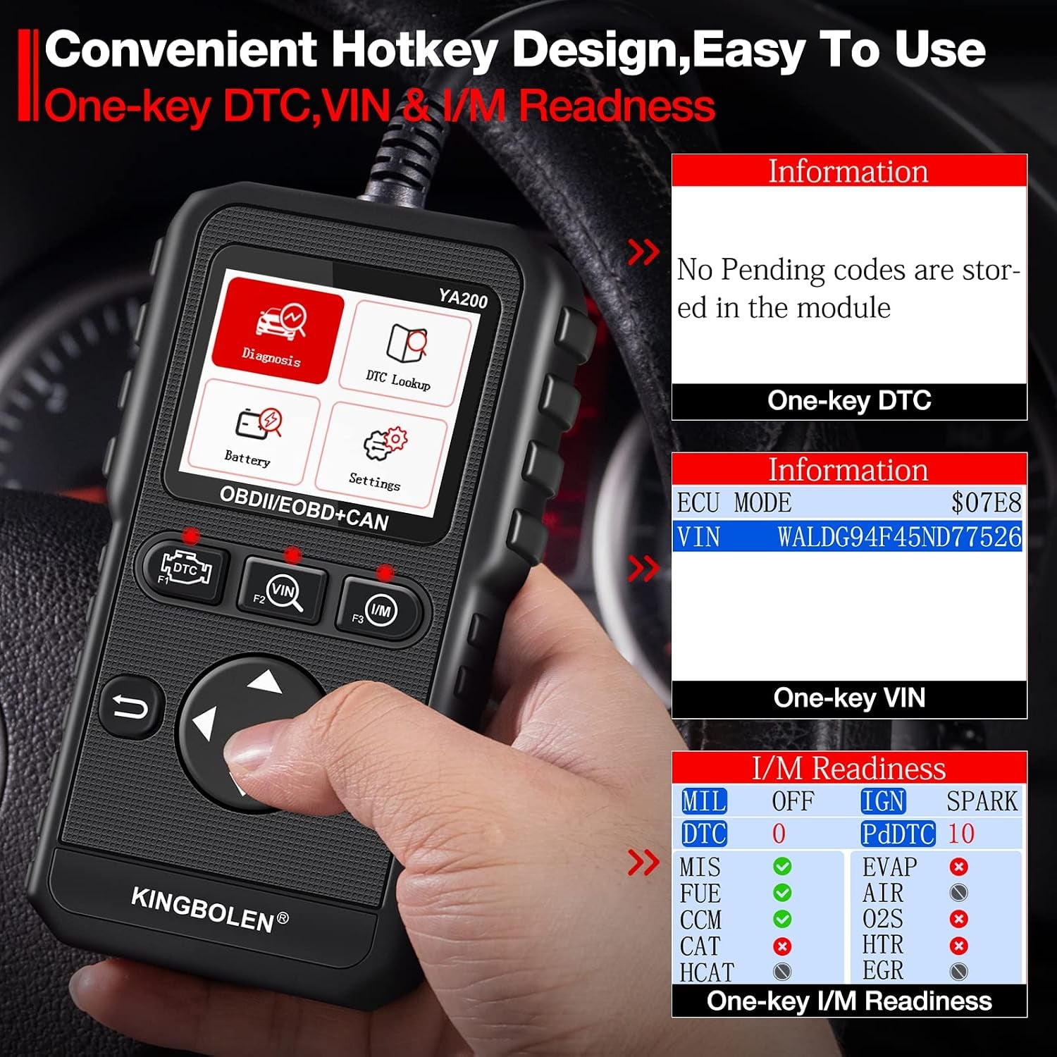 KINGBOLEN YA200 OBD2 Scanner, Car OBD2 Code Reader Check Engine Light, Car Scanner OBDII Full Functions with Voltage Test OBD2 Scanner Diagnostic Tool for All OBDII CAN Protocol Cars since 1996
