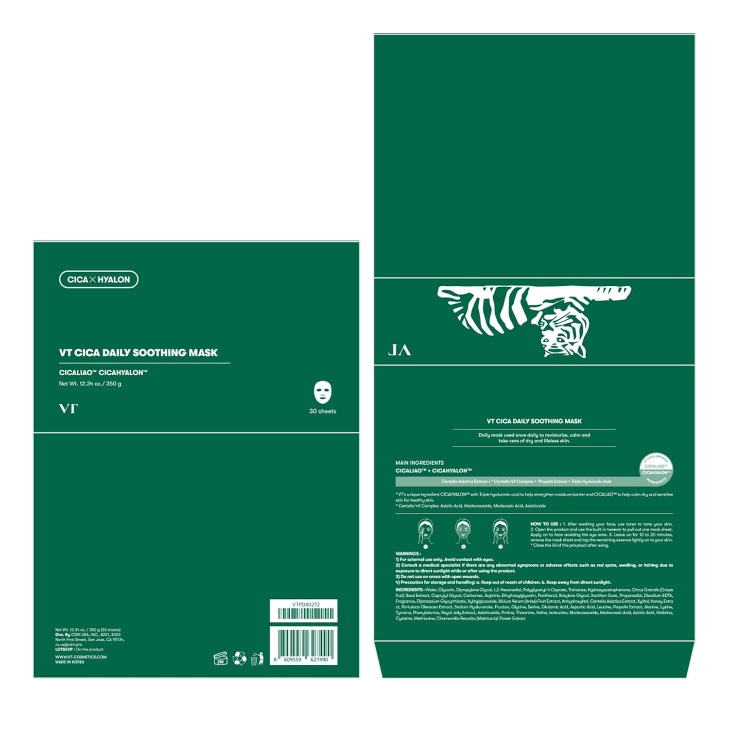 VT COSMETICS CICA Daily Soothing Mask - 30 Sheets of Hydrating & Moisturizing Facial Masks with Centella Asiatica & Hyaluronic Acid for Instant Calm, Glow, and Soft Skin - Korean Skincare Essential