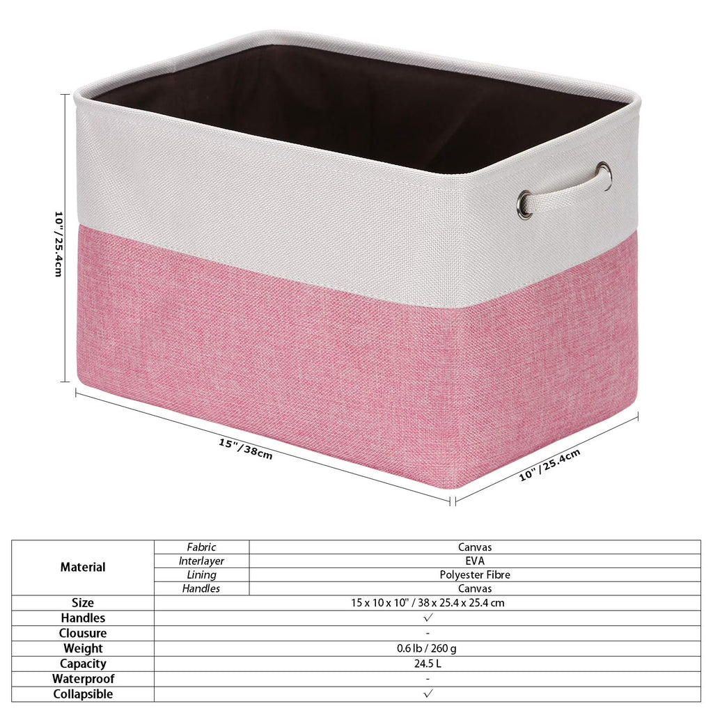 3-Pack Large Storage Basket Set, Trunk Organizer, Clothes Toys Bin, 15 X 10 X 10 Inches, Big Rectangular Canvas Fabric Collapsible Shelf Box with Handles, Pink & White
