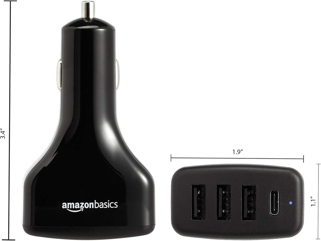Amazon Basics 54W 4-Port USB Car Charger, with 1 USB-C (18W) Port with Power Delivery and 3 USB-A (12W) Ports - Black