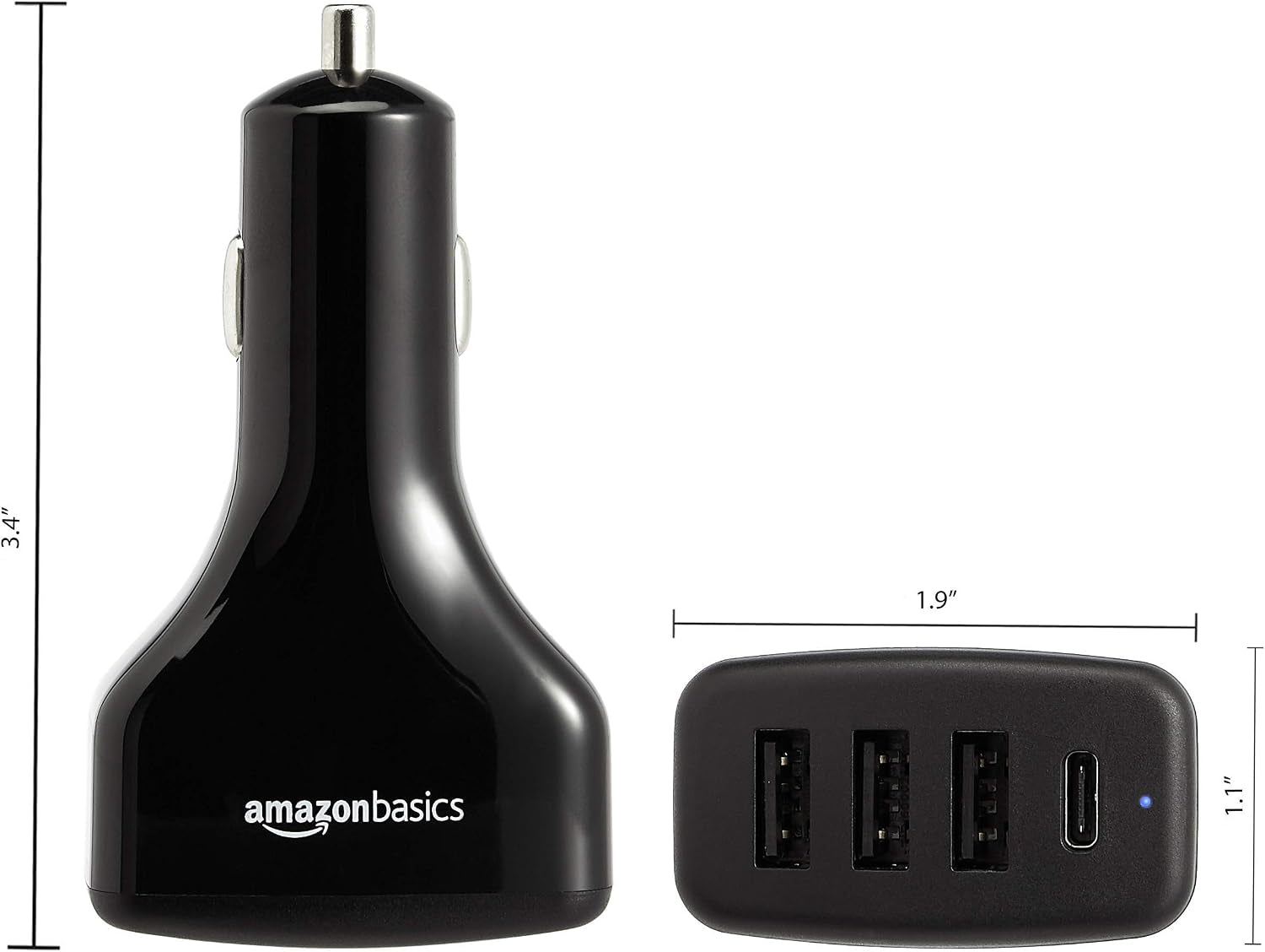 Amazon Basics 54W 4-Port USB Car Charger, with 1 USB-C (18W) Port with Power Delivery and 3 USB-A (12W) Ports - Black