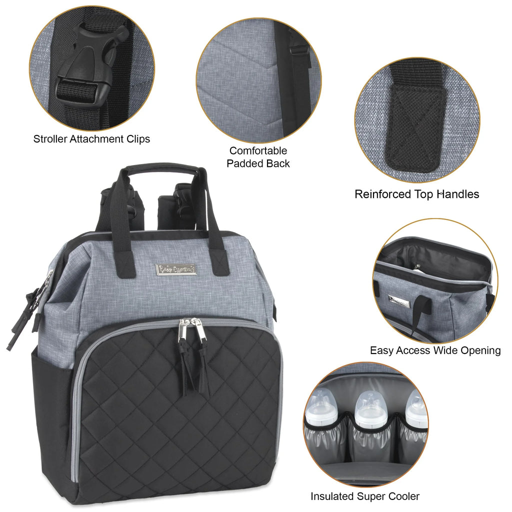 Baby Essentials Super Cooler Main Frame Dual Zipper Closure Diaper Bag Backpack Tote with Matching 6-Ply Changing Pad, Insulated Bottle Pockets and Stroller Straps in Black & Gray