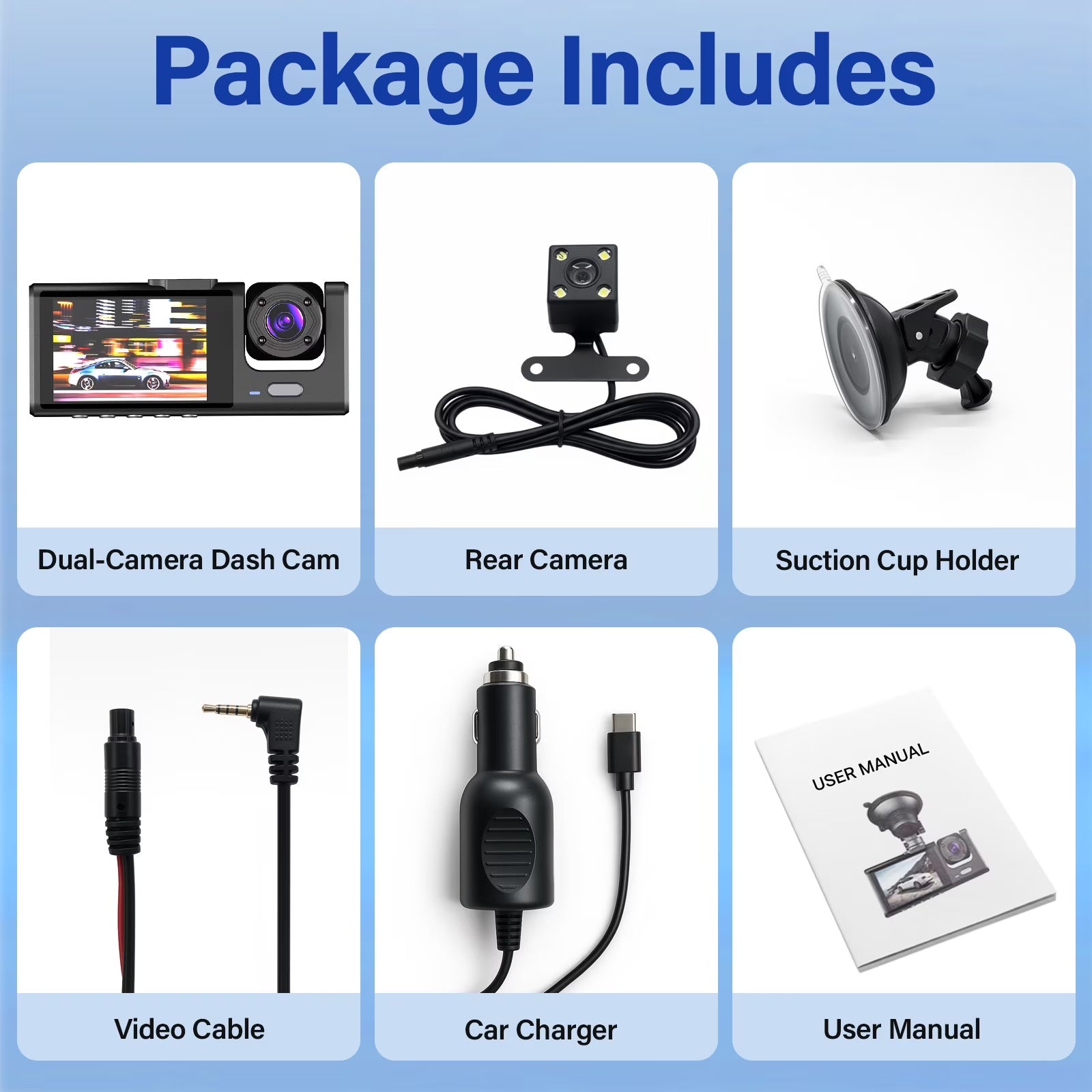 Dash Cam Front and Rear, 3 Channel Dash Cam, 1080P Dash Camera for Cars, Built-In Wi-Fi, Night Vision, Loop Recording