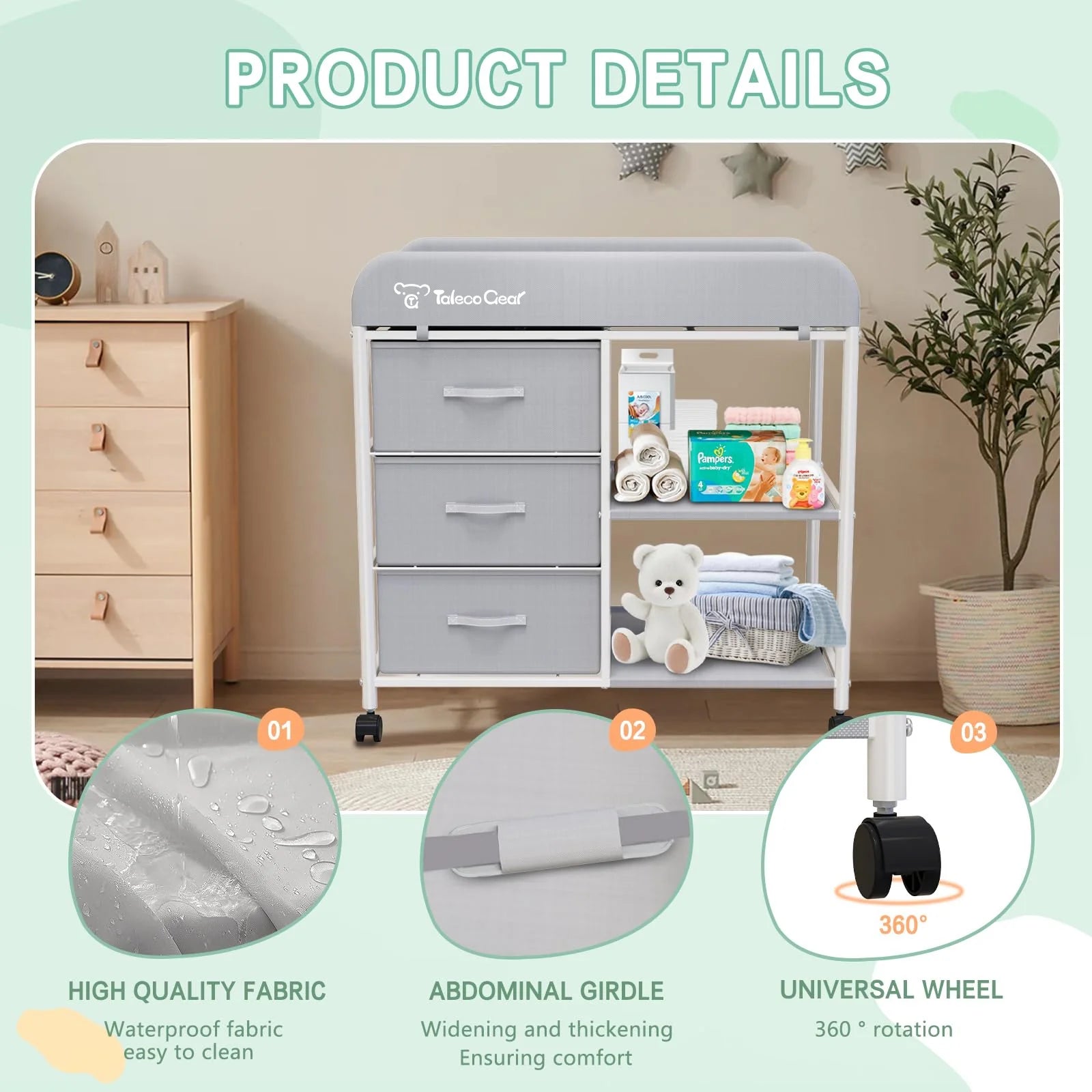 G TALECO GEAR Baby Changing Table, Portable Diaper Changing Station with Wheels, Nursery Organizer for Newborn and Infant, Light Gray