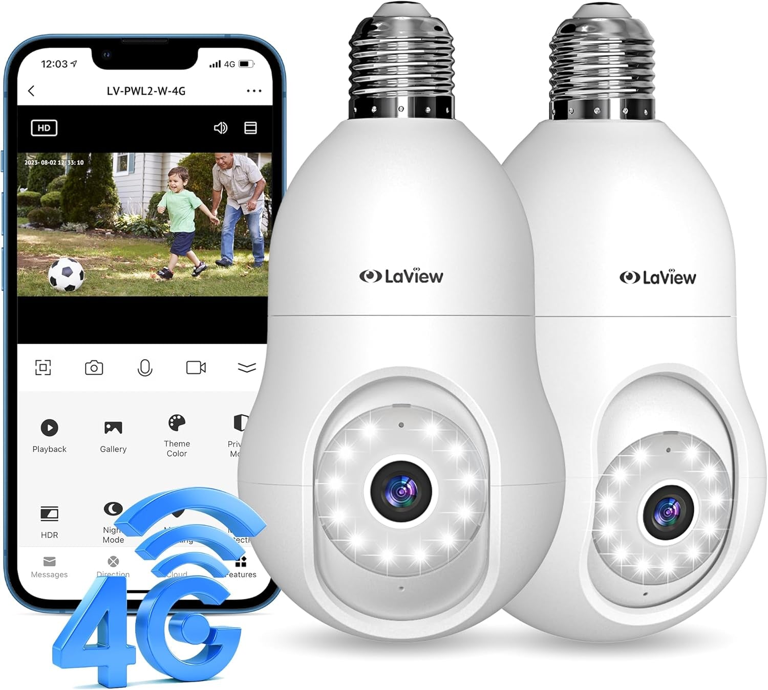 Laview 4G LTE Cellular Light Bulb Security Camera,360°2K Security Cameras Wireless Outdoor Indoor 4MP Full Color Day and Night,Motion Detection, Audible Alarm,Easy Installation,Compatible with Alexa