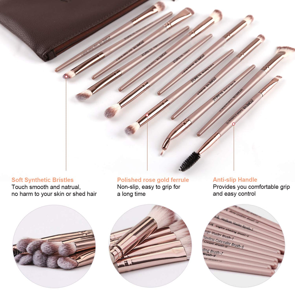 Z'OREYA Eye Makeup Brushes, 12 Pcs Professional Eye Brush Set Eyeshadow, Eyebrow, Blending, Fan, Eyelash Brush Set with Carrying Bag(Champagne Gold)