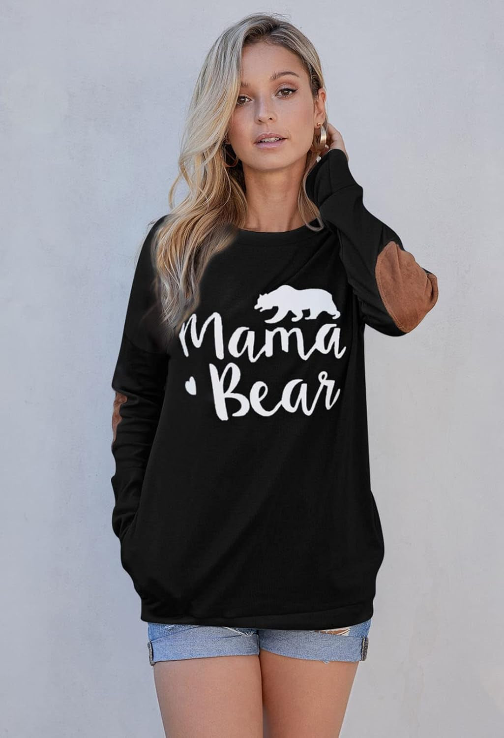 Pink Queen Women'S Mama Bear Shirt Long Sleeve Patches Pockets Top Black Size S