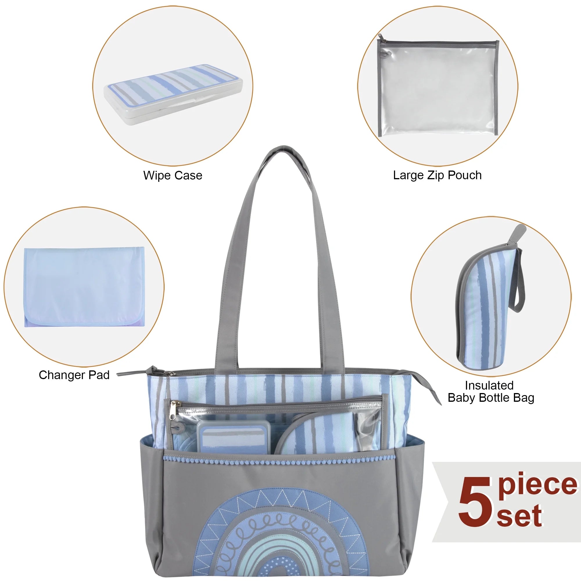 Baby Essentials 14.5"L Rainbow 5 Piece Multi-Pocket Diaper Bag Tote with Matching Changing Pad, Baby Wipes Case, Insulated Bottle Bag & Organizer Pouch for Newborns, Infants & Toddlers in Blue & Gray