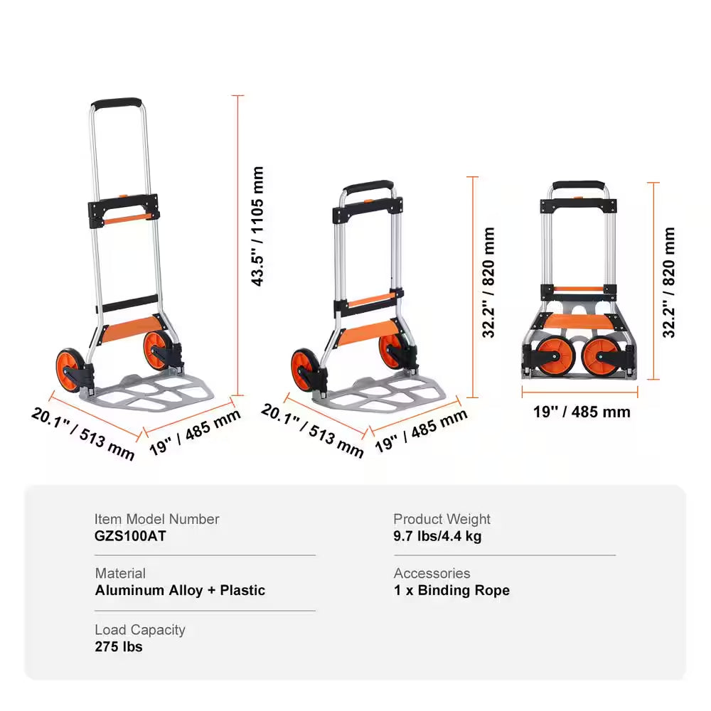 Folding Hand Truck, 275 Lbs. Capacity, Aluminum Portable Cart, Convertible with Telescoping Handle and PP+TPR Wheels