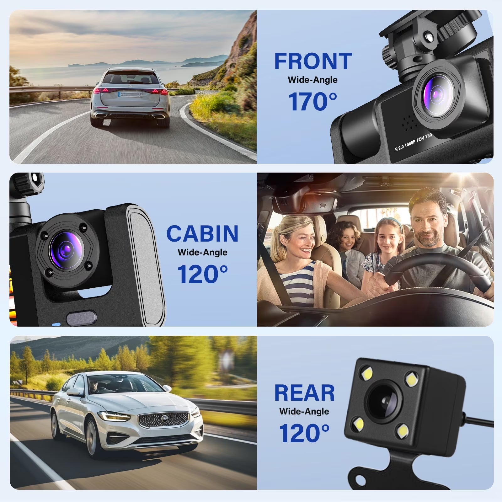 Dash Cam Front and Rear, 3 Channel Dash Cam, 1080P Dash Camera for Cars, Built-In Wi-Fi, Night Vision, Loop Recording