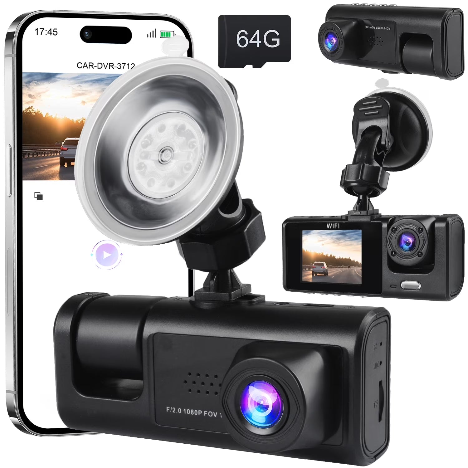 AILKIN Dash Cam Front and Rear,Full HD 1920P/1080P Dash Cam Wifi App 3 Channel Dash Cam Front and Rear inside 170°Wide Angle Loop Recording Dash Camera for Cars with Night Vision