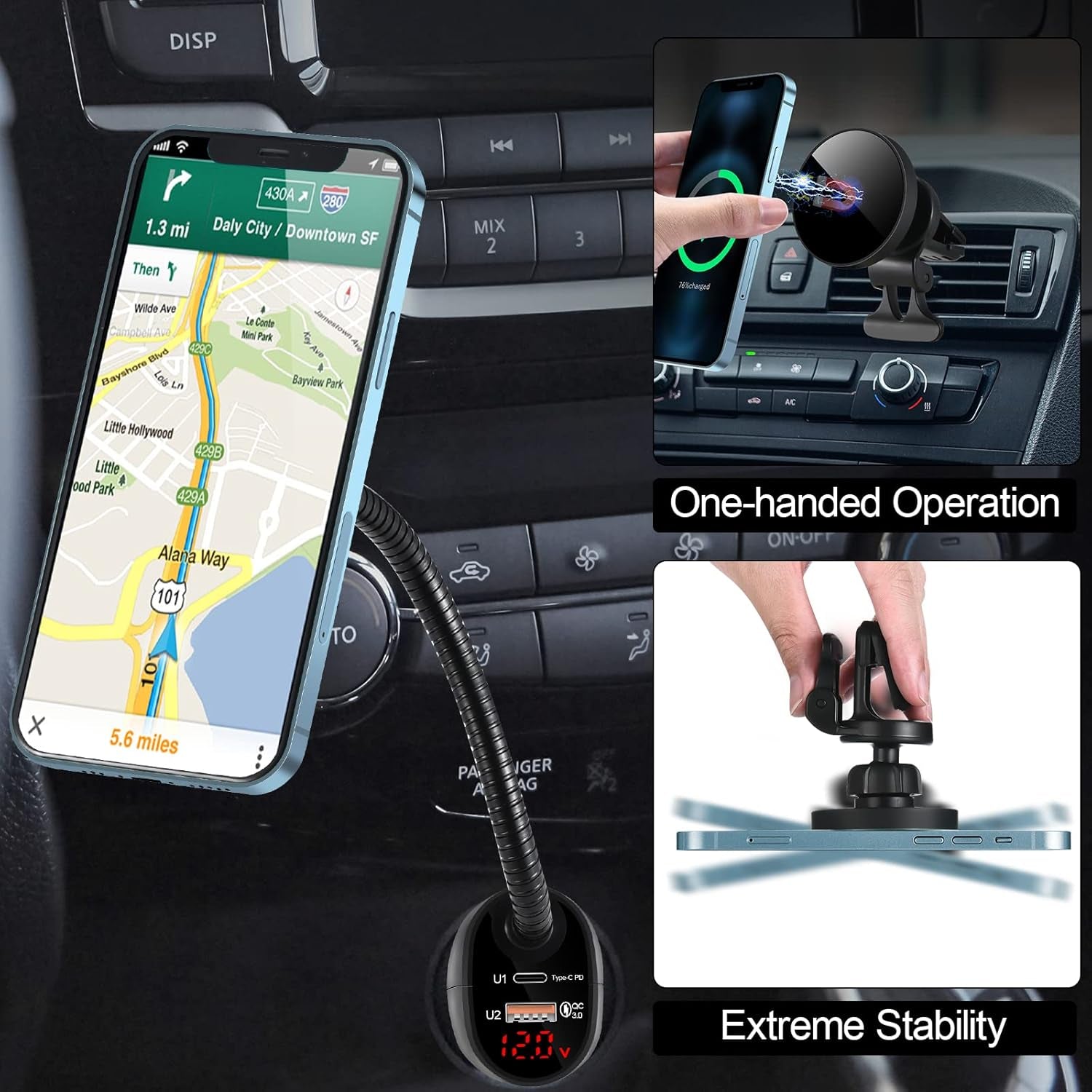 DACK Mag-Safe 15W Car Cigarette Lighter Wireless Charger, Magnetic Auto-Alignment Air Vent Mount Holder with Dual Port PD&QC3.0 Fast Charging for Iphone 13/13 Pro/ 13 Pro Max/12 Series