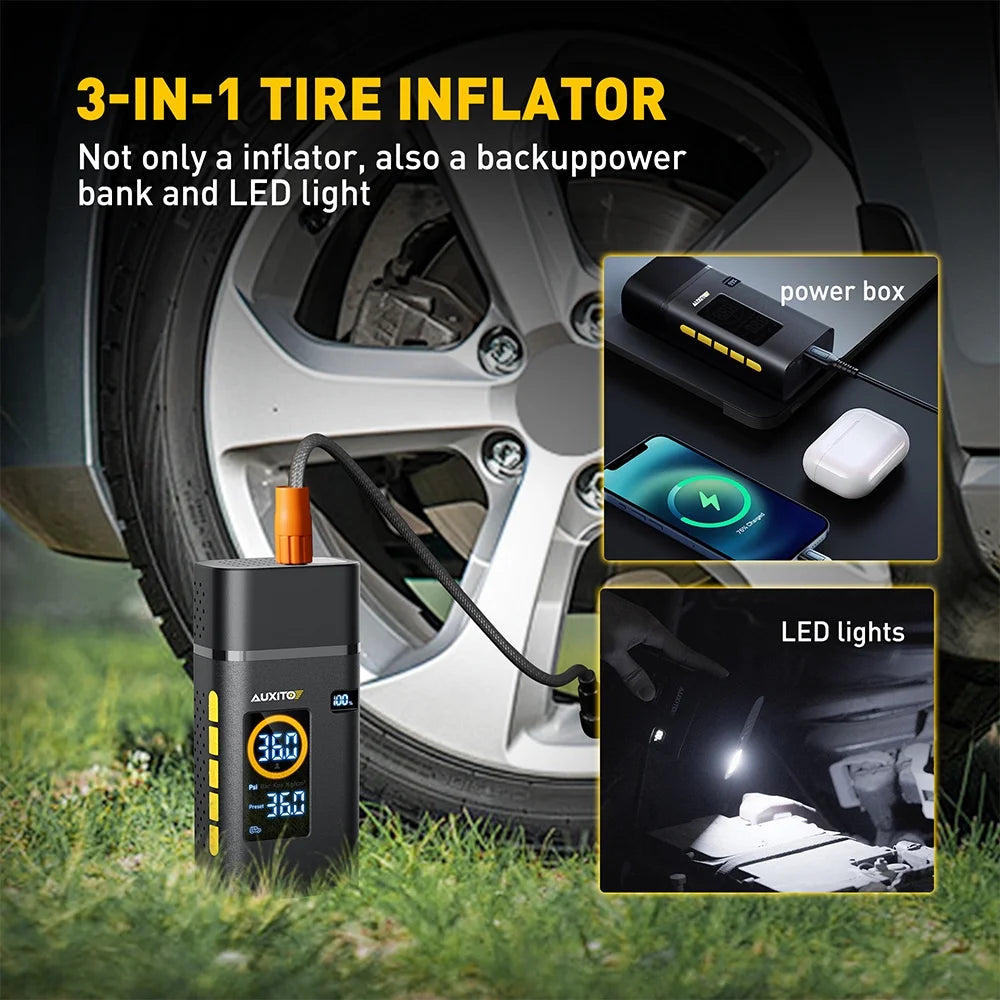 Tire Inflator Portable Air Compressor, 150 PSI Cordless Air Pump with 7800Mah Rechargeable Battery for Car, Truck, Motorcycle Tires & Ball, Compact Bike Pump