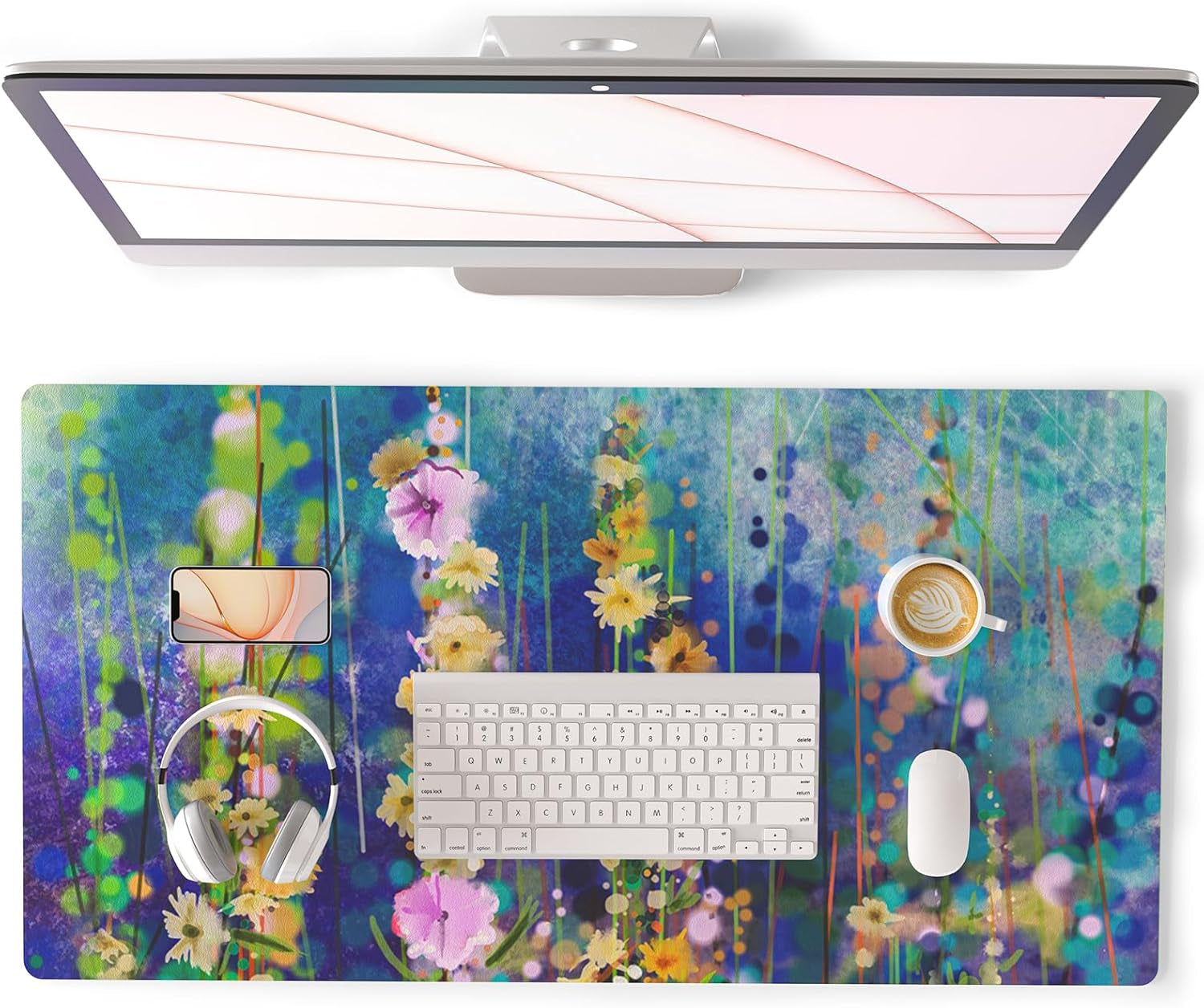 QIYI White Mouse Pad, Cute Marble Large Desk Mat, PU Leather Desk Protector Mousepad, Gold Grey Striped Waterproof Computer Keyboard Gaming Mouse Pads, Non Slip Extended Writing Pad 31.5" X 15.7"