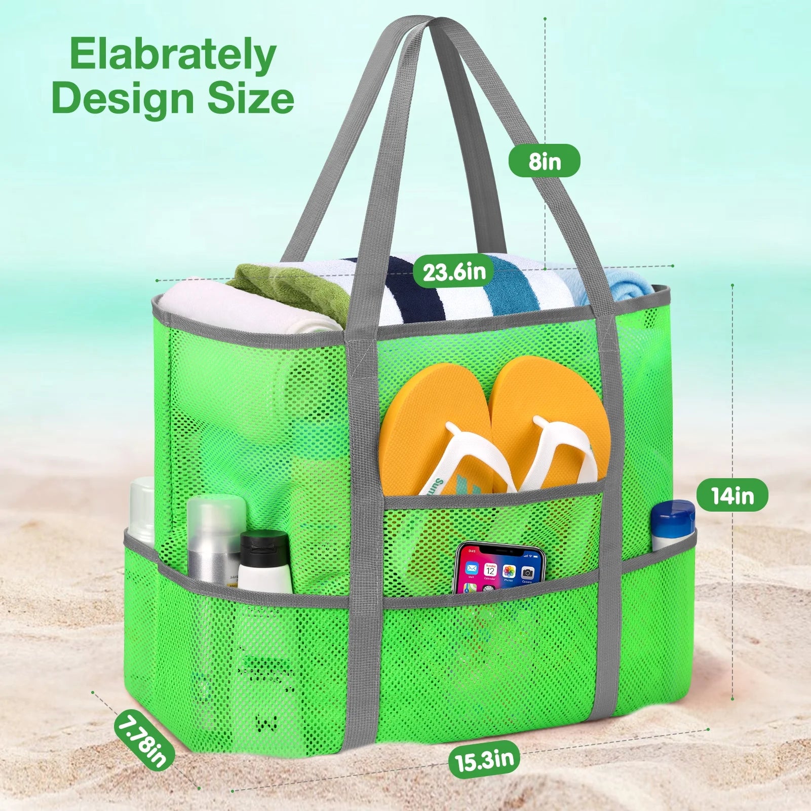 Livhil Mesh Beach Bag Rope Handles, Mesh Tote Bag for Women Contains Wicker Oversized Beach Tote Bag with 9 Small Pockets (Green)