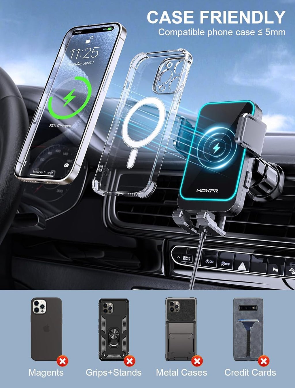 Wireless Car Charger, MOKPR 15W Fast Charging Auto Clamping Dashboard Windshield Air Vent Car Phone Holder with LED Light Car Charger for Iphone 16 15/14/13/12 Pro Max Plus, Samsung S23/S22/S21,Etc