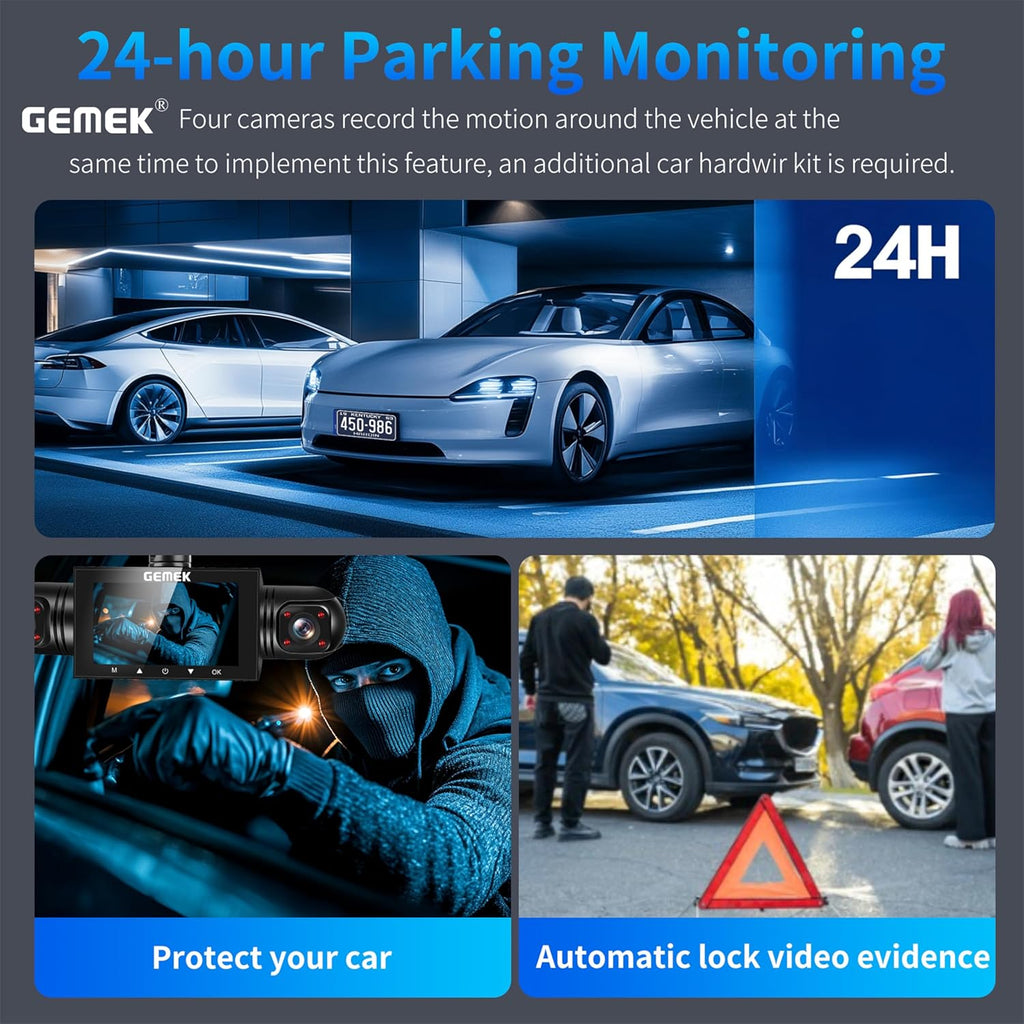 4 Channel Dash Cam 360° View 5G Wifi & APP Control, GEMEK 2K Front and Rear Inside, Left Right Dash Camera for Cars Free 64GB TF Card, G-Sensor, Night Vision, 24H Parking Mode Keyboard Wrist Rest Pad