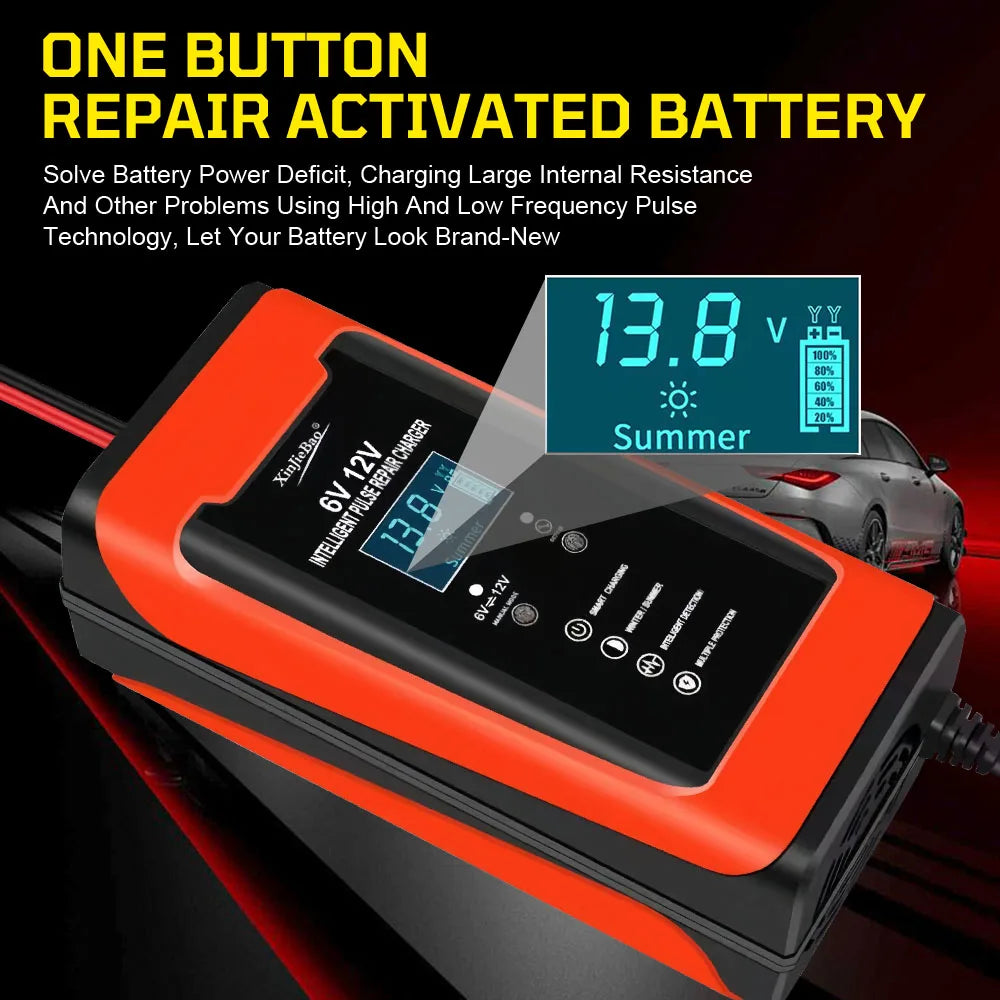 Pulse Repair LCD Display Car Battery Charger Auto Motorcycle 6V 12V 6A Smart Fast Charge Cycle GEL Lead-Acid Charger