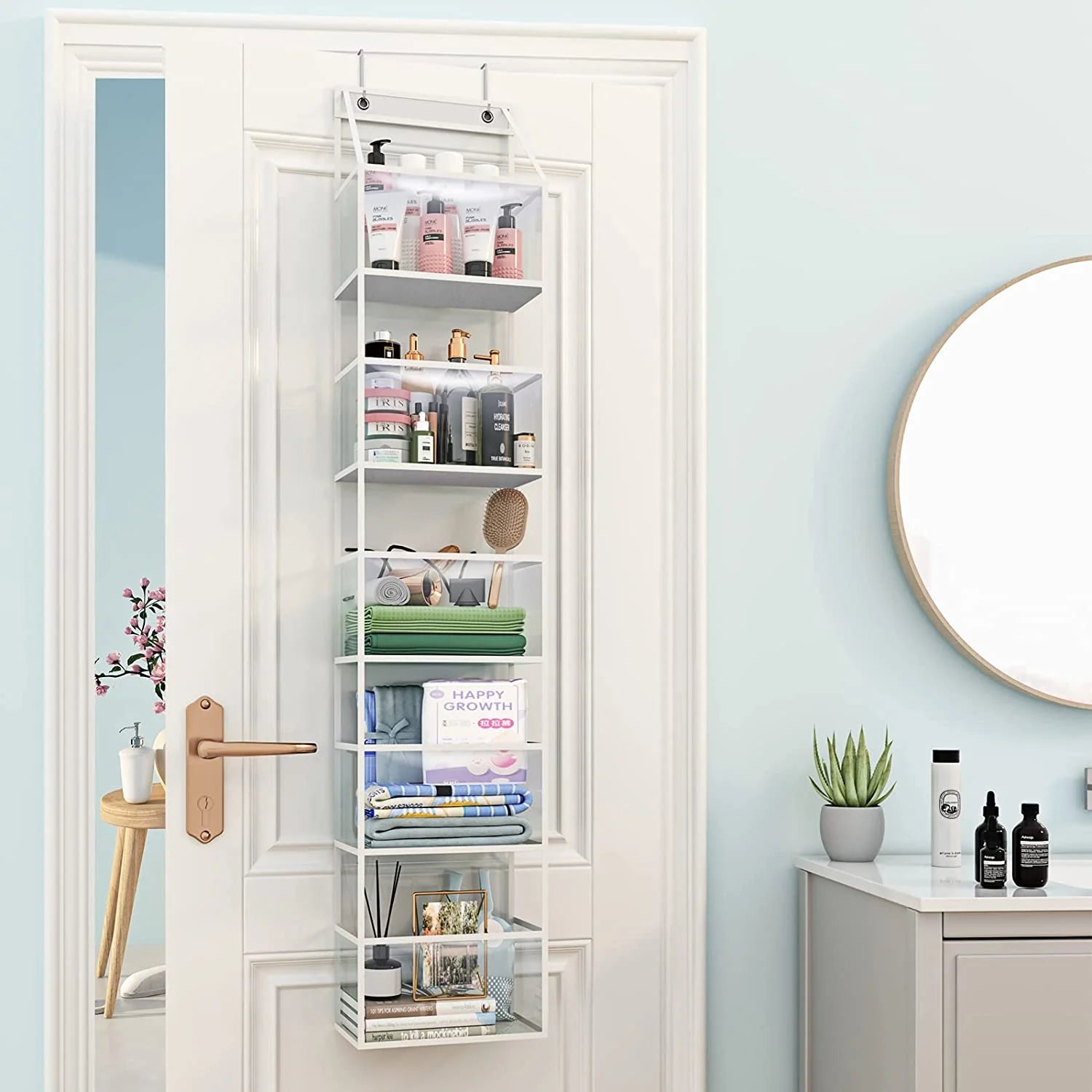 Ohhgo over the Door Hanging Pantry Organizer 6-Shelf behind the Door Storage Organizer with Clear Plastic Pockets Large Capacity for Closet Bedroom Bathroom (White)